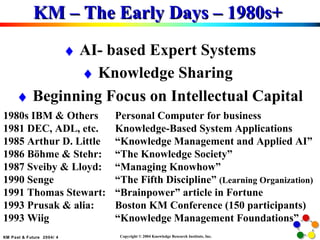 KM – The Early Days – 1980s+  1980s IBM & Others  Personal Computer for business 1981 DEC, ADL, etc. Knowledge-Based System Applications 1985 Arthur D. Little “Knowledge Management and Applied AI” 1986 Böhme & Stehr: “The Knowledge Society” 1987 Sveiby & Lloyd: “Managing Knowhow” 1990 Senge “The Fifth Discipline”  (Learning Organization) 1991 Thomas Stewart: “Brainpower” article in Fortune 1993 Prusak & alia: Boston KM Conference (150 participants) 1993 Wiig “Knowledge Management Foundations”   AI- based Expert Systems   Knowledge Sharing    Beginning Focus on Intellectual Capital 