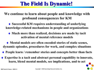 The Field Is Dynamic!  We continue to learn about people and knowledge with profound consequences for KM    Successful KM requires understanding of underlying knowledge-related mechanisms in people and organizations    Much more than realized, decisions are made by tacit activation of mental reference models    Mental models are often encoded stories of static scenes, dynamic episodes, procedures for work, and complex situations    People learn / remember stories and concepts better than fact s    Expertise is a tacit and abstract personal capability to innovate, learn, blend mental models, see implications, and to act 