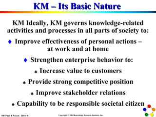 KM – Its Basic Nature  KM Ideally, KM governs knowledge-related activities and processes in all parts of society to:    Improve effectiveness of personal actions –  at work and at home    Strengthen enterprise behavior to:   Increase value to customers   Provide strong competitive position   Improve stakeholder relations   Capability to be responsible societal citizen 