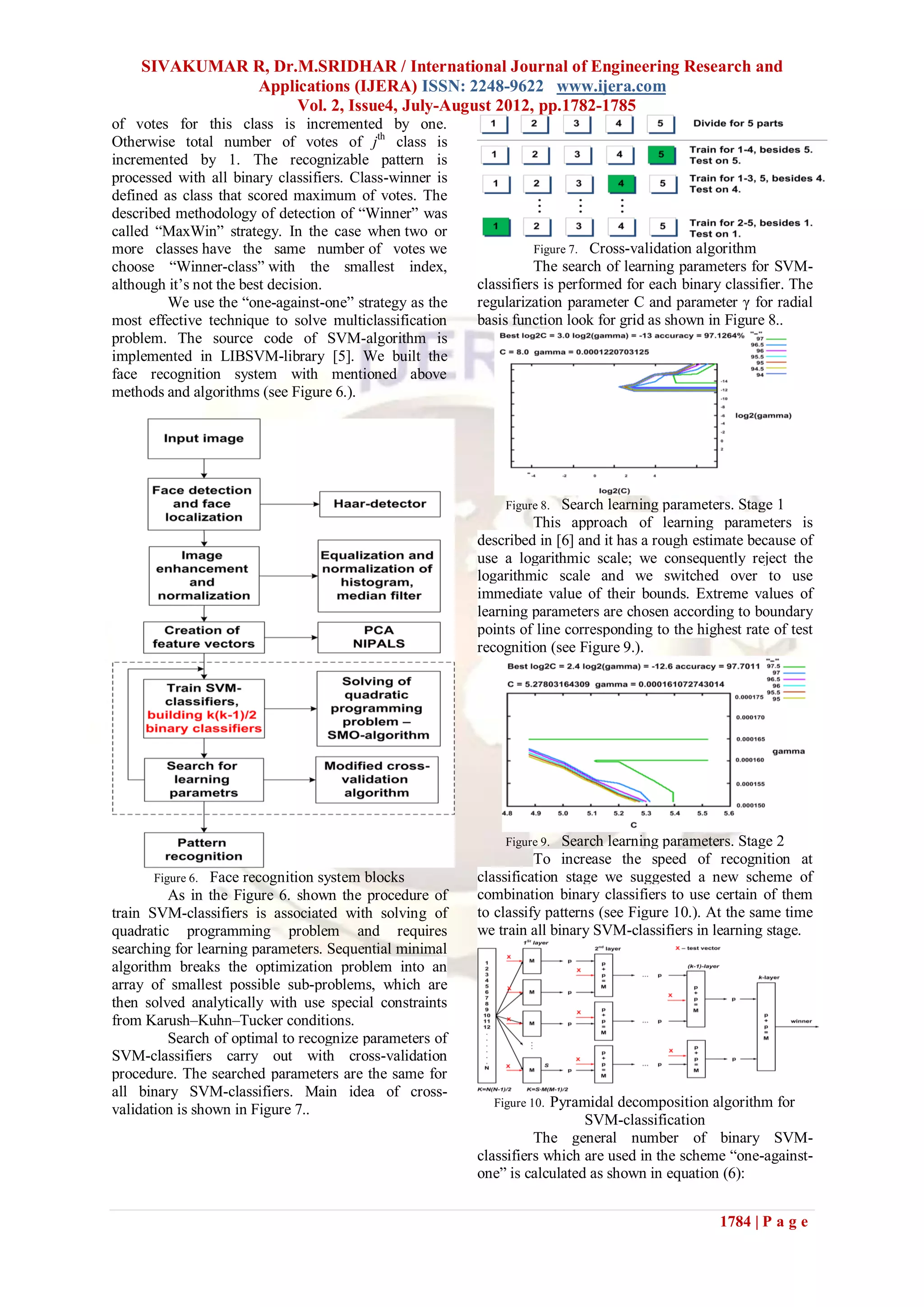 SIVAKUMAR R, Dr.M.SRIDHAR / International Journal of Engineering Research and
              Applications (IJERA) ISSN: 2248-9622 www.ijera.com
                    Vol. 2, Issue4, July-August 2012, pp.1782-1785
of votes for this class is incremented by one.
Otherwise total number of votes of jth class is
incremented by 1. The recognizable pattern is
processed with all binary classifiers. Class-winner is
defined as class that scored maximum of votes. The
described methodology of detection of “Winner” was
called “MaxWin” strategy. In the case when two or
more classes have the same number of votes we                      Figure 7. Cross-validation algorithm
choose “Winner-class” with the smallest index,                     The search of learning parameters for SVM-
although it’s not the best decision.                     classifiers is performed for each binary classifier. The
         We use the “one-against-one” strategy as the    regularization parameter C and parameter γ for radial
most effective technique to solve multiclassification    basis function look for grid as shown in Figure 8..
problem. The source code of SVM-algorithm is
implemented in LIBSVM-library [5]. We built the
face recognition system with mentioned above
methods and algorithms (see Figure 6.).




                                                             Figure 8. Search learning parameters. Stage 1
                                                                  This approach of learning parameters is
                                                         described in [6] and it has a rough estimate because of
                                                         use a logarithmic scale; we consequently reject the
                                                         logarithmic scale and we switched over to use
                                                         immediate value of their bounds. Extreme values of
                                                         learning parameters are chosen according to boundary
                                                         points of line corresponding to the highest rate of test
                                                         recognition (see Figure 9.).




                                                             Figure 9.  Search learning parameters. Stage 2
                                                                   To increase the speed of recognition at
      Figure 6.  Face recognition system blocks          classification stage we suggested a new scheme of
         As in the Figure 6. shown the procedure of      combination binary classifiers to use certain of them
train SVM-classifiers is associated with solving of      to classify patterns (see Figure 10.). At the same time
quadratic programming problem and requires               we train all binary SVM-classifiers in learning stage.
searching for learning parameters. Sequential minimal
algorithm breaks the optimization problem into an
array of smallest possible sub-problems, which are
then solved analytically with use special constraints
from Karush–Kuhn–Tucker conditions.
         Search of optimal to recognize parameters of
SVM-classifiers carry out with cross-validation
procedure. The searched parameters are the same for
all binary SVM-classifiers. Main idea of cross-
validation is shown in Figure 7..                          Figure 10. Pyramidal decomposition algorithm for
                                                                           SVM-classification
                                                                   The general number of binary SVM-
                                                         classifiers which are used in the scheme “one-against-
                                                         one” is calculated as shown in equation (6):


                                                                                                 1784 | P a g e
 
