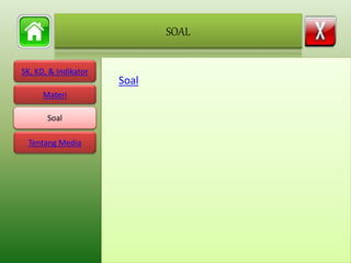 SK, KD, & Indikator
Materi
Soal
Tentang Media
Soal
SOAL
Soal
 