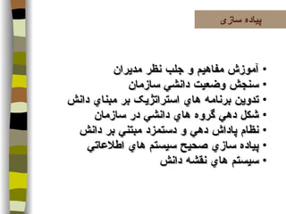 پیاده سازی آموزش مفاهيم و جلب نظر مديران سنجش وضعيت دانشي سازمان تدوين برنامه   هاي استراتژيک بر مبناي دانش شكل   دهي   گروه   هاي   دانشي   در سازمان نظام پاداش دهي و دستمزد مبتني بر دانش   پياده سازي صحيح سيستم   هاي اطلاعاتي   سيستم   هاي نقشه دانش 