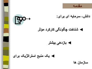 دانش، سرمایه ای برای : ◄   شناخت چگونگی کارکرد مؤثر  ◄   بازدهی بیشتر  ◄   یک منبع استراتژیک برای سازمان ها مقدمه مقدمه 