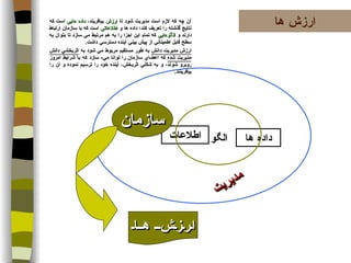 ارزش ها داده ها اطلاعات الگو سازمان مديريت   ارزش ها آن چه كه لازم است مديريت شود تا   ارزش   بيافريند،   داده هايي   است كه نتايج گذشته را تعريف كند؛ داده ها و   اطلاعاتي   است كه با سازمان ارتباط دارند و   الگوهايي   كه تمام اين اجزا را به هم مرتبط مي سازد تا بتوان به سطح قابل اطميناني از پيش بيني آينده دسترسي داشت .  ارزش مديريت دانش  به طور مستقيم مربوط مي شود به  اثربخشي دانش مديريت شده  كه اعضاي سازمان را توانا مي -  سازد كه با شرايط امروز روبرو شوند، و به شكلي اثربخش، آينده خود را ترسيم نموده و آن را بيافرينند . 