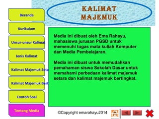 Kalimat
majemuK
Unsur-unsur Kalimat
Jenis Kalimat
Kalimat Majemuk Setara
Kalimat Majemuk Bertingkat
Contoh Soal
Tentang Media
Kurikulum
Beranda
Media ini dibuat oleh Ema Rahayu,
mahasiswa jurusan PGSD untuk
memenuhi tugas mata kuliah Komputer
dan Media Pembelajaran.
Media ini dibuat untuk memudahkan
pemahaman siswa Sekolah Dasar untuk
memahami perbedaan kalimat majemuk
setara dan kalimat majemuk bertingkat.
©Copyright emarahayu2014Tentang Media
 