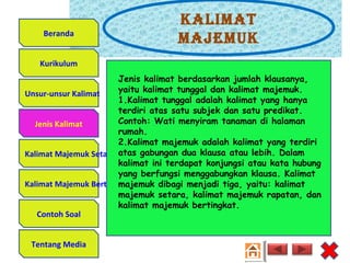 Kalimat
majemuK
Unsur-unsur Kalimat
Jenis Kalimat
Kalimat Majemuk Setara
Kalimat Majemuk Bertingkat
Contoh Soal
Tentang Media
Kurikulum
Beranda
Jenis Kalimat
Jenis kalimat berdasarkan jumlah klausanya,
yaitu kalimat tunggal dan kalimat majemuk.
1.Kalimat tunggal adalah kalimat yang hanya
terdiri atas satu subjek dan satu predikat.
Contoh: Wati menyiram tanaman di halaman
rumah.
2.Kalimat majemuk adalah kalimat yang terdiri
atas gabungan dua klausa atau lebih. Dalam
kalimat ini terdapat konjungsi atau kata hubung
yang berfungsi menggabungkan klausa. Kalimat
majemuk dibagi menjadi tiga, yaitu: kalimat
majemuk setara, kalimat majemuk rapatan, dan
kalimat majemuk bertingkat.
 