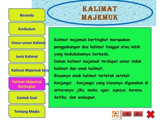Kalimat
majemuK
Unsur-unsur Kalimat
Jenis Kalimat
Kalimat Majemuk Setara
Kalimat Majemuk Bertingkat
Contoh Soal
Tentang Media
Kurikulum
Beranda
Kalimat majemuk bertingkat merupakan
penggabungan dua kalimat tunggal atau lebih
yang kedudukannya berbeda.
Dalam kalimat majemuk terdapat unsur induk
kalimat dan anak kalimat.
Biasanya anak kalimat terletak setelah
konjungsi . Konjungsi yang biasanya digunakan di
antaranya: jika, maka, agar, supaya, karena,
ketika, dan walaupun.
Kalimat Majemuk
Bertingkat
 