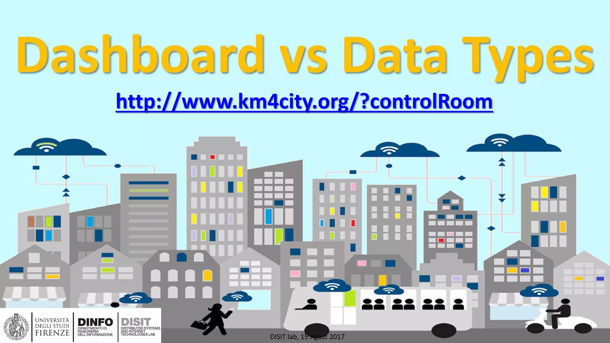 DISIT Lab, Distributed Data Intelligence and Technologies
Distributed Systems and Internet Technologies
Department of Information Engineering (DINFO)
http://www.disit.dinfo.unifi.it
http://www.disit.org
Dashboard vs Data Types
http://www.km4city.org/?controlRoom
DISIT lab, 15 Agust 2017
 