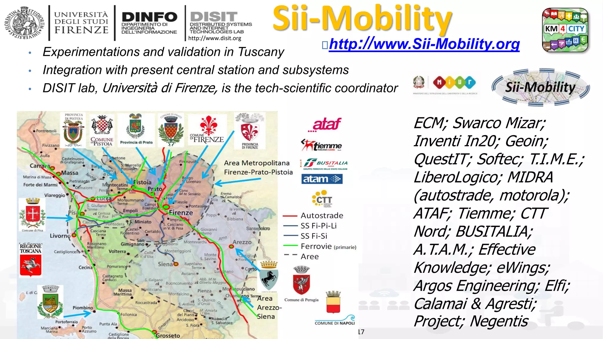 DISIT Lab, Distributed Data Intelligence and Technologies
Distributed Systems and Internet Technologies
Department of Information Engineering (DINFO)
http://www.disit.dinfo.unifi.it
http://www.disit.org
• Experimentations and validation in Tuscany
• Integration with present central station and subsystems
• DISIT lab, Università di Firenze, is the tech-scientific coordinator
Sii-Mobility
DISIT lab, 15 Agust 2017
http://www.Sii-Mobility.org
ECM; Swarco Mizar;
Inventi In20; Geoin;
QuestIT; Softec; T.I.M.E.;
LiberoLogico; MIDRA
(autostrade, motorola);
ATAF; Tiemme; CTT
Nord; BUSITALIA;
A.T.A.M.; Effective
Knowledge; eWings;
Argos Engineering; Elfi;
Calamai & Agresti;
Project; Negentis
 