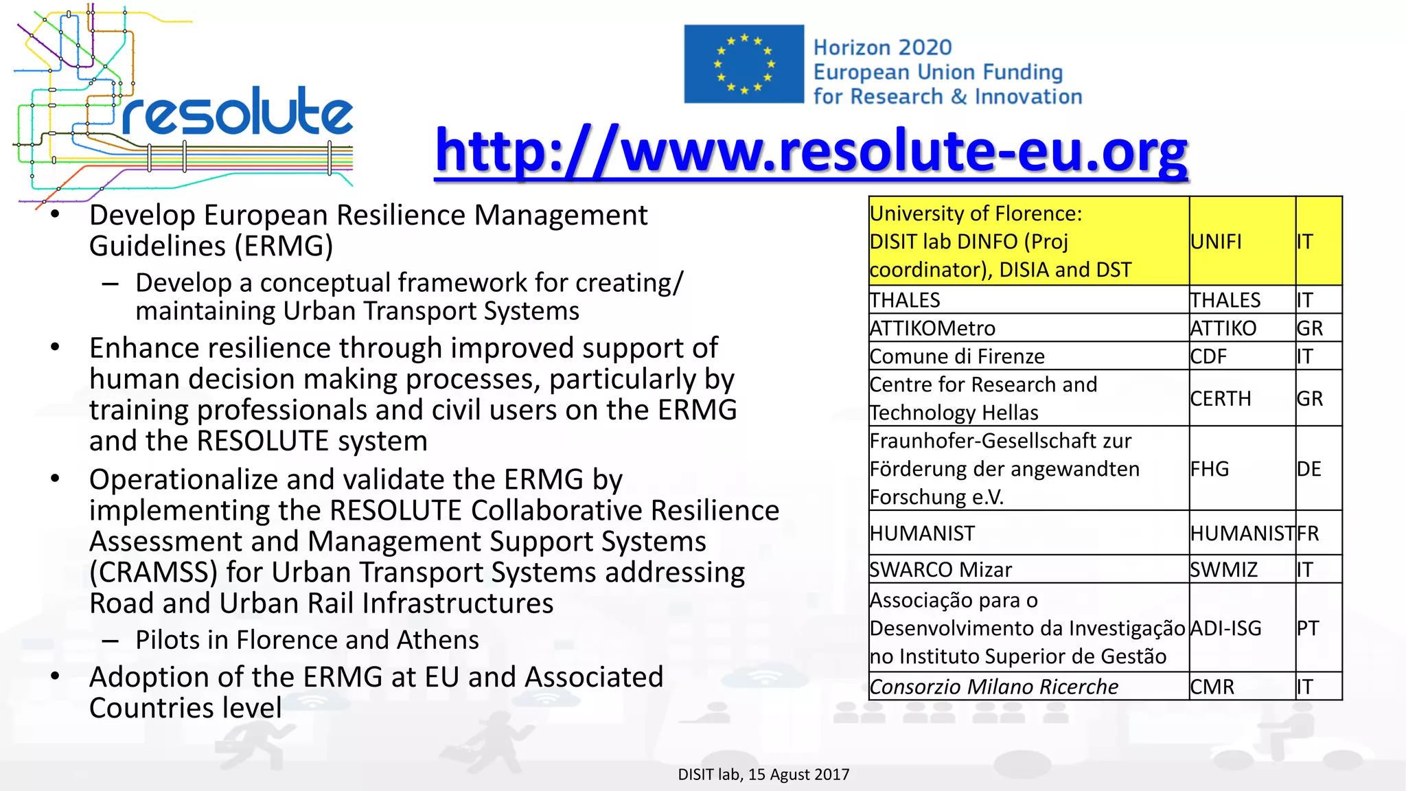 DISIT Lab, Distributed Data Intelligence and Technologies
Distributed Systems and Internet Technologies
Department of Information Engineering (DINFO)
http://www.disit.dinfo.unifi.it
http://www.disit.org
http://www.resolute-eu.org
• Develop European Resilience Management
Guidelines (ERMG)
– Develop a conceptual framework for creating/
maintaining Urban Transport Systems
• Enhance resilience through improved support of
human decision making processes, particularly by
training professionals and civil users on the ERMG
and the RESOLUTE system
• Operationalize and validate the ERMG by
implementing the RESOLUTE Collaborative Resilience
Assessment and Management Support Systems
(CRAMSS) for Urban Transport Systems addressing
Road and Urban Rail Infrastructures
– Pilots in Florence and Athens
• Adoption of the ERMG at EU and Associated
Countries level
DISIT lab, 15 Agust 2017
University of Florence:
DISIT lab DINFO (Proj
coordinator), DISIA and DST
UNIFI IT
THALES THALES IT
ATTIKOMetro ATTIKO GR
Comune di Firenze CDF IT
Centre for Research and
Technology Hellas
CERTH GR
Fraunhofer-Gesellschaft zur
Förderung der angewandten
Forschung e.V.
FHG DE
HUMANIST HUMANISTFR
SWARCO Mizar SWMIZ IT
Associação para o
Desenvolvimento da Investigação
no Instituto Superior de Gestão
ADI-ISG PT
Consorzio Milano Ricerche CMR IT
 