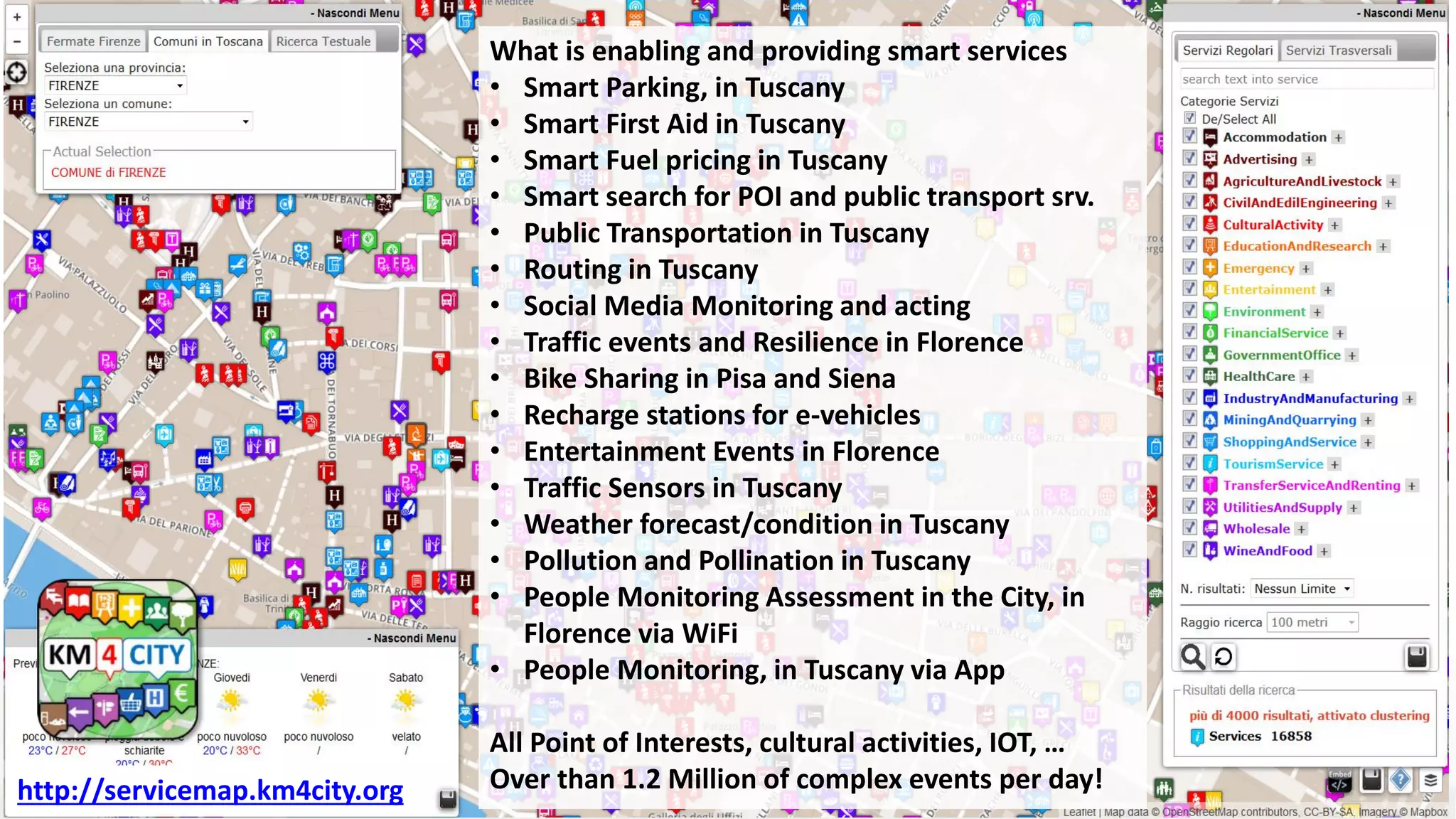 DISIT Lab, Distributed Data Intelligence and Technologies
Distributed Systems and Internet Technologies
Department of Information Engineering (DINFO)
http://www.disit.dinfo.unifi.it
http://www.disit.org
Km4City in Tuscany Area
What is enabling and providing smart services
• Smart Parking, in Tuscany
• Smart First Aid in Tuscany
• Smart Fuel pricing in Tuscany
• Smart search for POI and public transport srv.
• Public Transportation in Tuscany
• Routing in Tuscany
• Social Media Monitoring and acting
• Traffic events and Resilience in Florence
• Bike Sharing in Pisa and Siena
• Recharge stations for e-vehicles
• Entertainment Events in Florence
• Traffic Sensors in Tuscany
• Weather forecast/condition in Tuscany
• Pollution and Pollination in Tuscany
• People Monitoring Assessment in the City, in
Florence via WiFi
• People Monitoring, in Tuscany via App
All Point of Interests, cultural activities, IOT, …
Over than 1.2 Million of complex events per day!http://servicemap.km4city.org
 