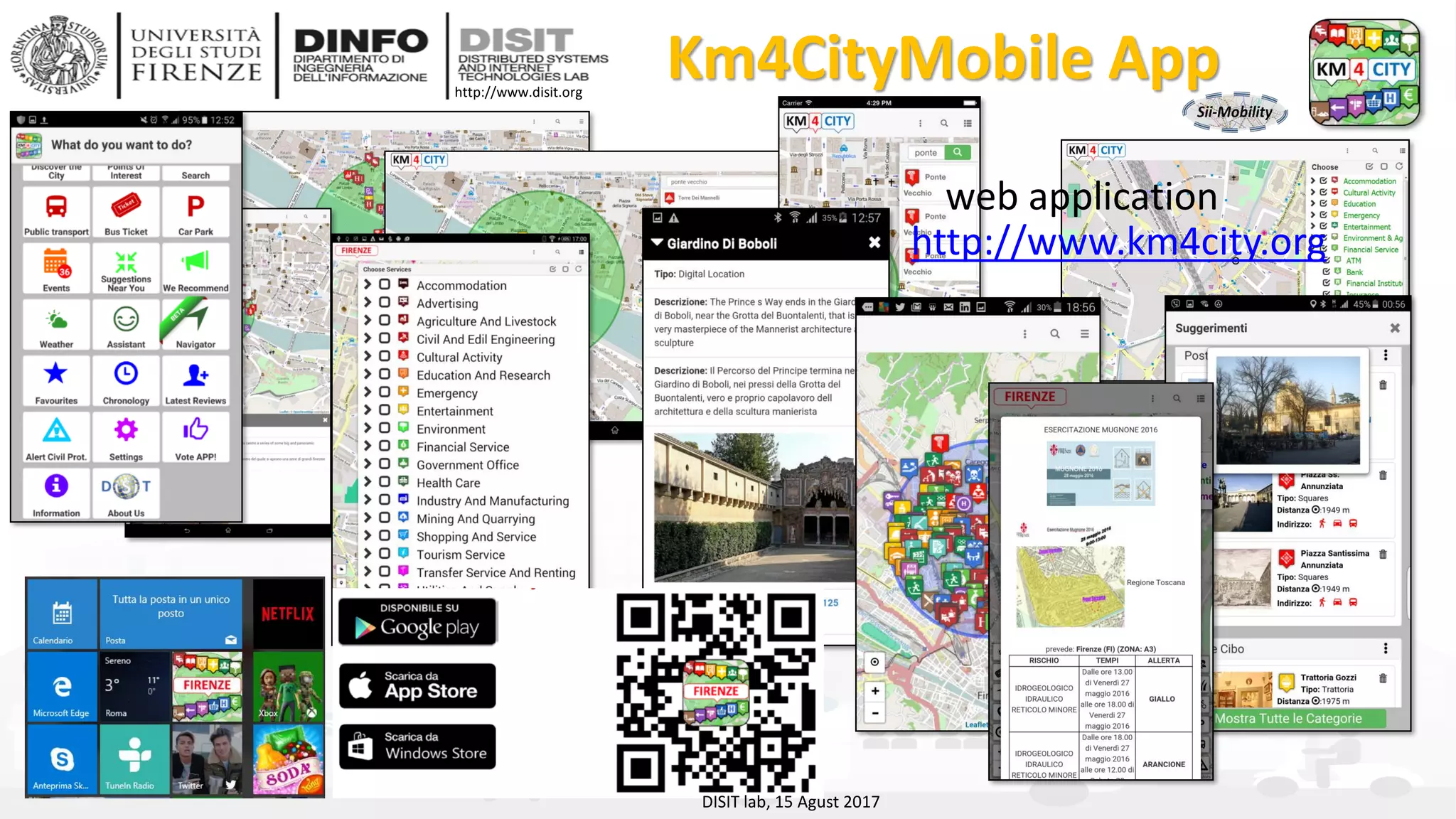 DISIT Lab, Distributed Data Intelligence and Technologies
Distributed Systems and Internet Technologies
Department of Information Engineering (DINFO)
http://www.disit.dinfo.unifi.it
http://www.disit.org
Km4CityMobile App
http://www.km4city.org
web application
DISIT lab, 15 Agust 2017
 