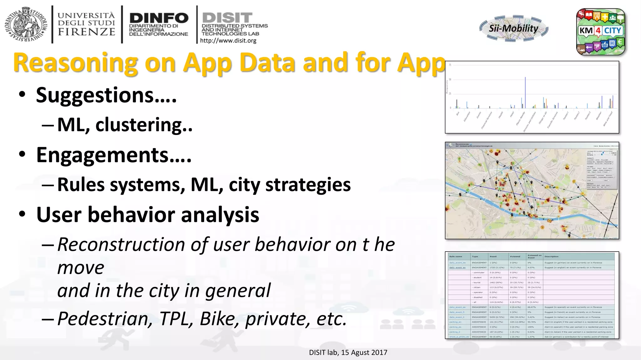 DISIT Lab, Distributed Data Intelligence and Technologies
Distributed Systems and Internet Technologies
Department of Information Engineering (DINFO)
http://www.disit.dinfo.unifi.it
http://www.disit.org
Reasoning on App Data and for App
• Suggestions….
–ML, clustering..
• Engagements….
–Rules systems, ML, city strategies
• User behavior analysis
–Reconstruction of user behavior on t he
move
and in the city in general
–Pedestrian, TPL, Bike, private, etc.
DISIT lab, 15 Agust 2017
 