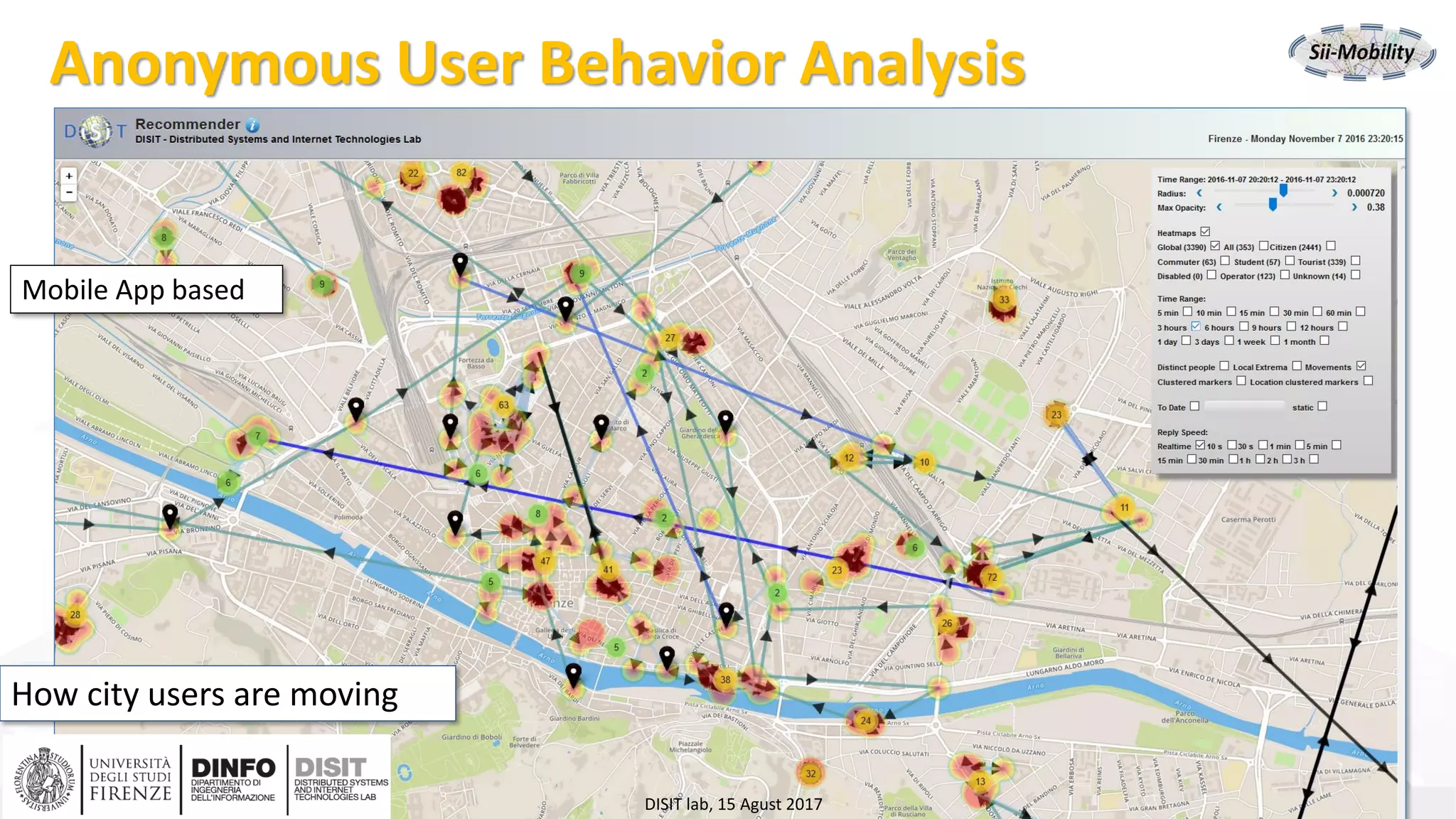 DISIT Lab, Distributed Data Intelligence and Technologies
Distributed Systems and Internet Technologies
Department of Information Engineering (DINFO)
http://www.disit.dinfo.unifi.it
http://www.disit.org
Anonymous User Behavior Analysis
How city users are moving
Mobile App based
DISIT lab, 15 Agust 2017
 