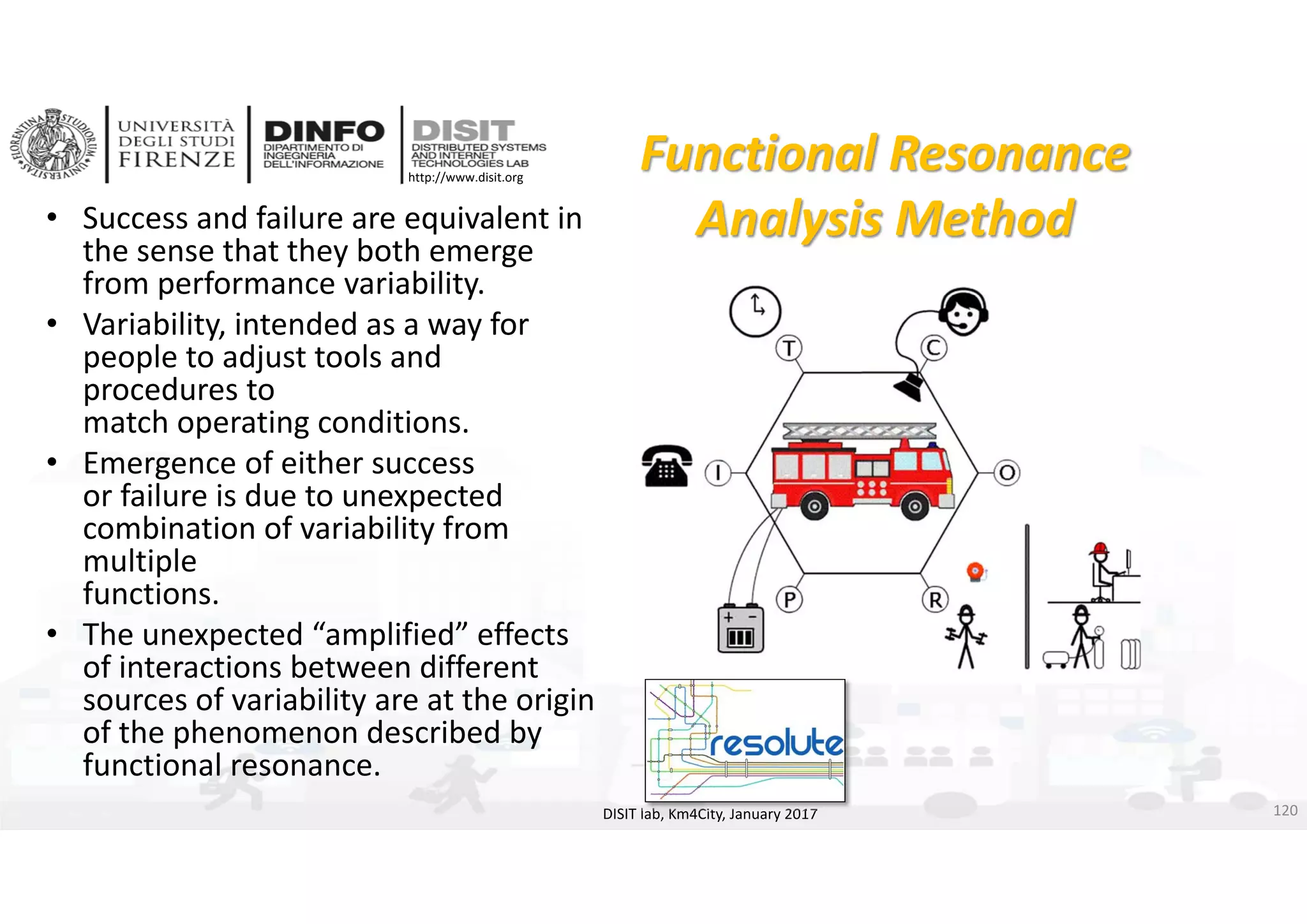 DISIT Lab, Distributed Data Intelligence and Technologies
Distributed Systems and Internet Technologies
Department of Information Engineering (DINFO)
http://www.disit.dinfo.unifi.it
http://www.disit.org
• Success and failure are equivalent in 
the sense that they both emerge 
from performance variability.
• Variability, intended as a way for 
people to adjust tools and 
procedures to 
match operating conditions.
• Emergence of either success 
or failure is due to unexpected 
combination of variability from 
multiple 
functions.
• The unexpected “amplified” effects 
of interactions between different 
sources of variability are at the origin 
of the phenomenon described by 
functional resonance.
DISIT lab, Km4City, January 2017
Functional Resonance 
Analysis Method
120
 