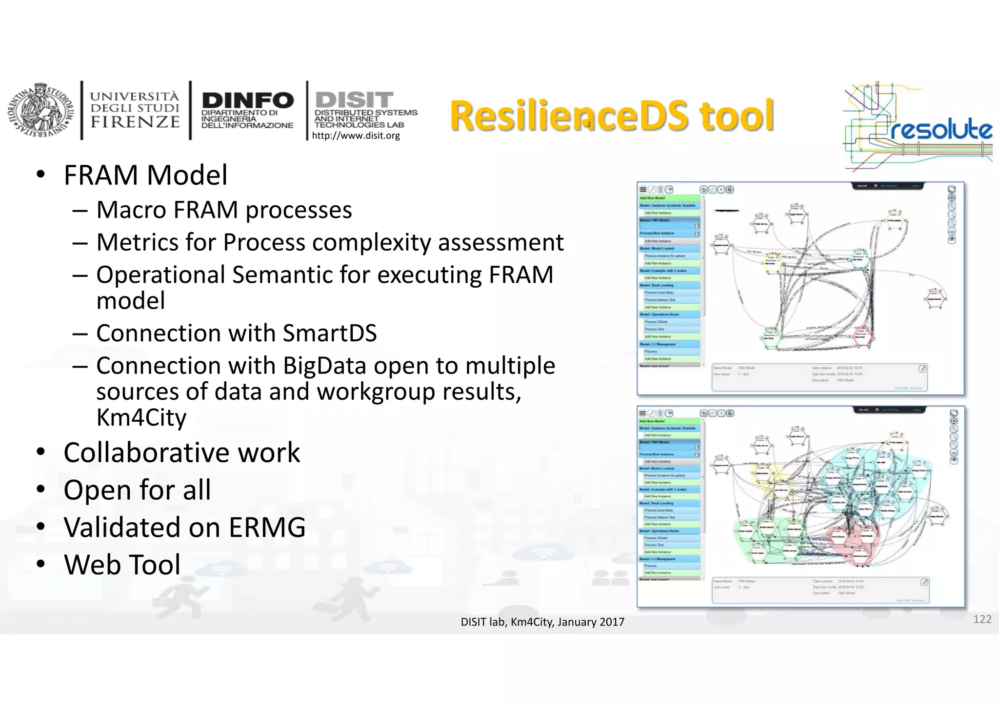 DISIT Lab, Distributed Data Intelligence and Technologies
Distributed Systems and Internet Technologies
Department of Information Engineering (DINFO)
http://www.disit.dinfo.unifi.it
http://www.disit.org
ResilienceDS tool
• FRAM Model
– Macro FRAM processes
– Metrics for Process complexity assessment 
– Operational Semantic for executing FRAM 
model
– Connection with SmartDS
– Connection with BigData open to multiple 
sources of data and workgroup results, 
Km4City
• Collaborative work
• Open for all
• Validated on ERMG
• Web Tool
DISIT lab, Km4City, January 2017
.
122
 