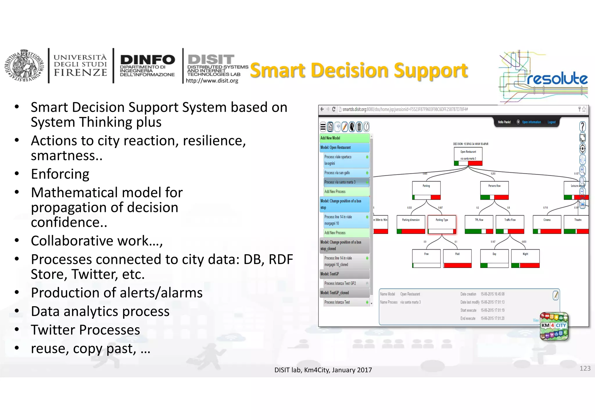 DISIT Lab, Distributed Data Intelligence and Technologies
Distributed Systems and Internet Technologies
Department of Information Engineering (DINFO)
http://www.disit.dinfo.unifi.it
http://www.disit.org
• Smart Decision Support System based on 
System Thinking plus
• Actions to city reaction, resilience, 
smartness..
• Enforcing
• Mathematical model for 
propagation of decision
confidence..
• Collaborative work…, 
• Processes connected to city data: DB, RDF 
Store, Twitter, etc.
• Production of alerts/alarms
• Data analytics process
• Twitter Processes
• reuse, copy past, …
DISIT lab, Km4City, January 2017
Smart Decision Support
123
 