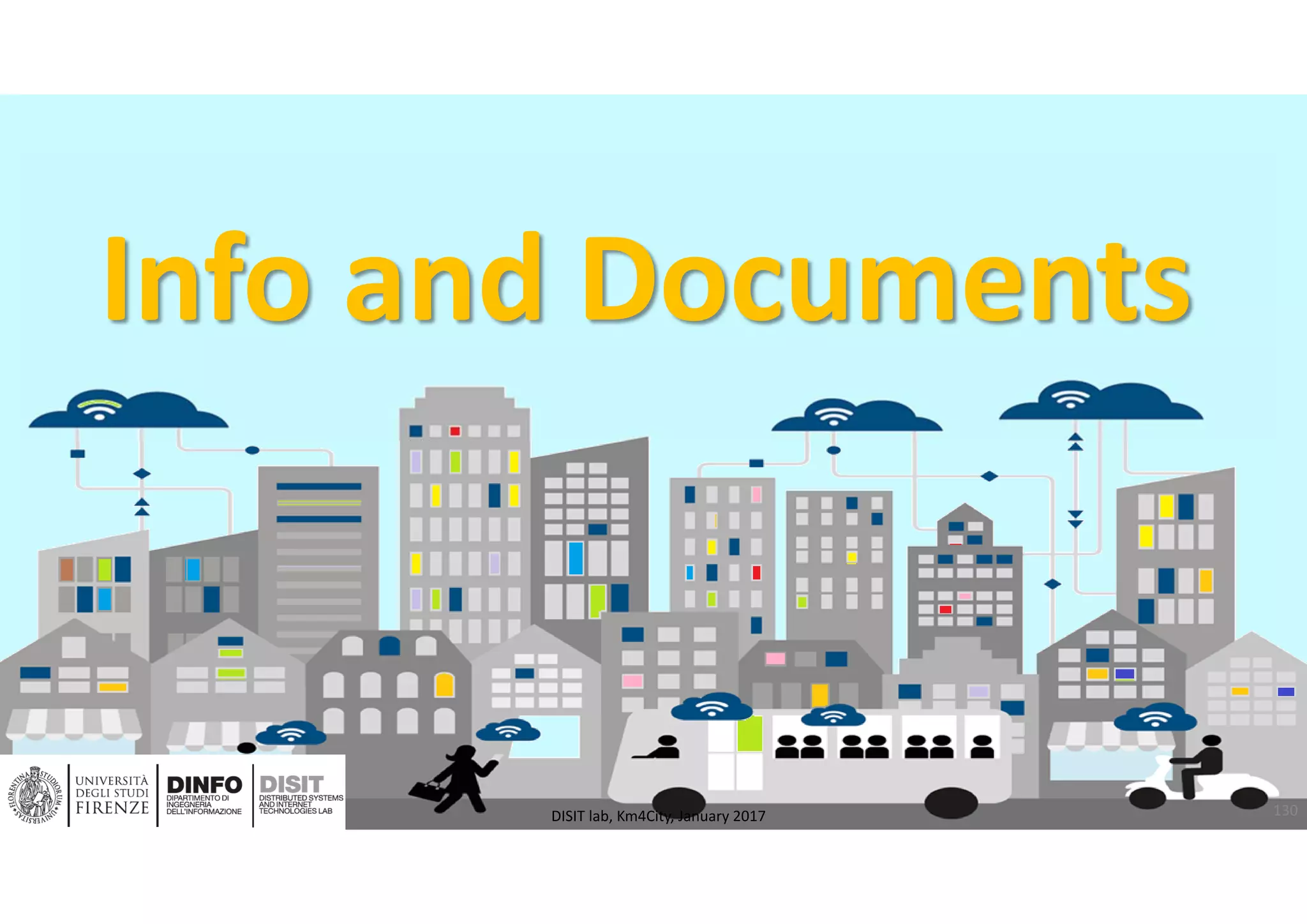 DISIT Lab, Distributed Data Intelligence and Technologies
Distributed Systems and Internet Technologies
Department of Information Engineering (DINFO)
http://www.disit.dinfo.unifi.it
http://www.disit.org
Info and Documents
130DISIT lab, Km4City, January 2017
 
