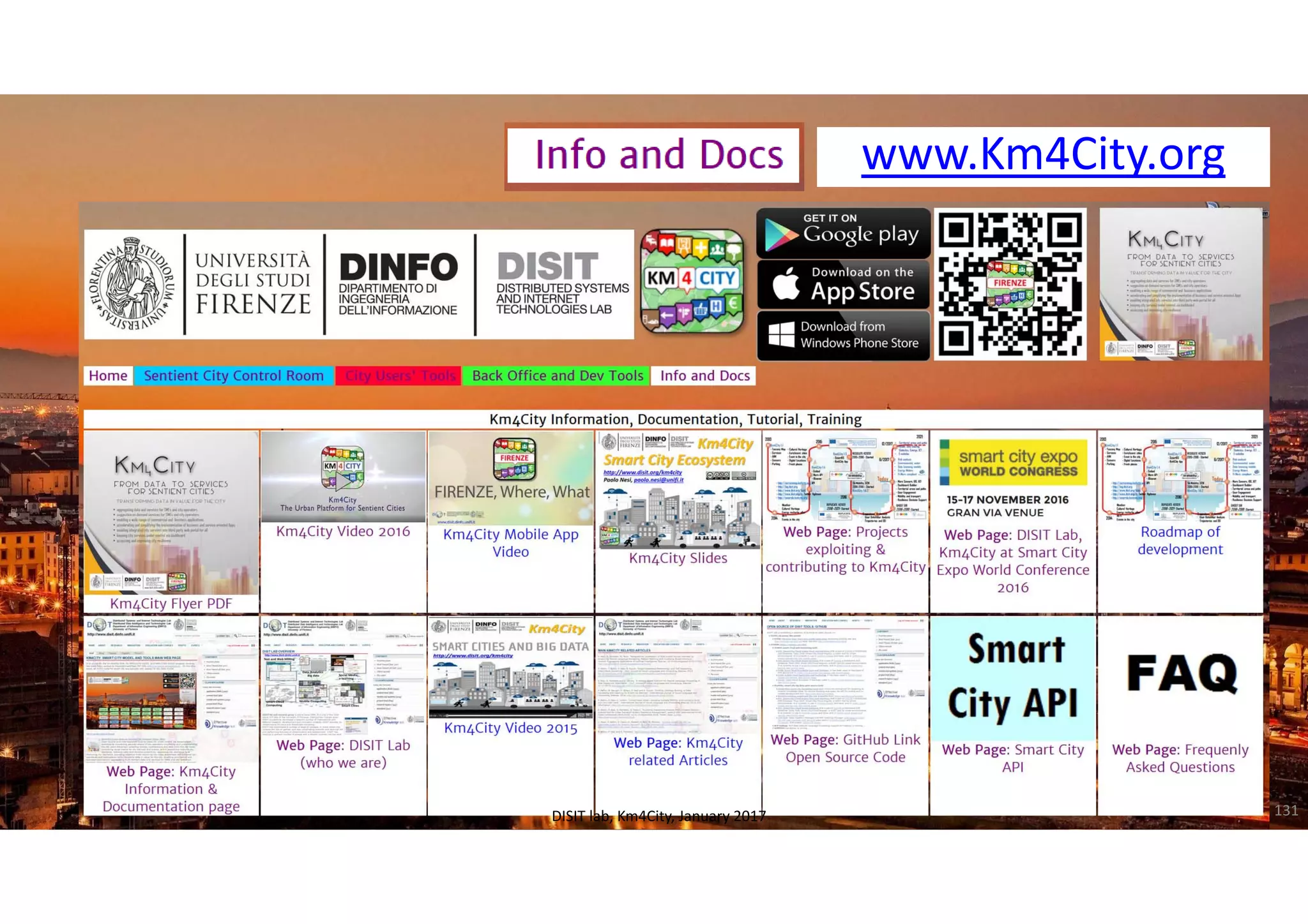 DISIT Lab, Distributed Data Intelligence and Technologies
Distributed Systems and Internet Technologies
Department of Information Engineering (DINFO)
http://www.disit.dinfo.unifi.it
http://www.disit.org
DISIT lab, Km4City, January 2017
www.Km4City.org
131
 