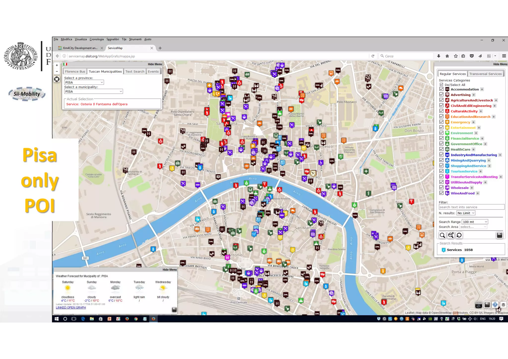 DISIT Lab, Distributed Data Intelligence and Technologies
Distributed Systems and Internet Technologies
Department of Information Engineering (DINFO)
http://www.disit.dinfo.unifi.it
http://www.disit.org
DISIT lab, Km4City, January 2017 21
Pisa 
only
POI
 