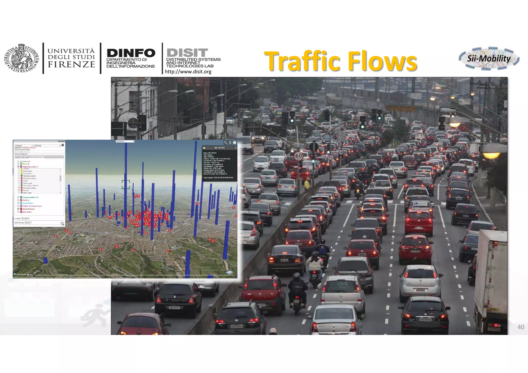 DISIT Lab, Distributed Data Intelligence and Technologies
Distributed Systems and Internet Technologies
Department of Information Engineering (DINFO)
http://www.disit.dinfo.unifi.it
http://www.disit.org
Traffic Flows
DISIT lab, Km4City, January 2017 40
 