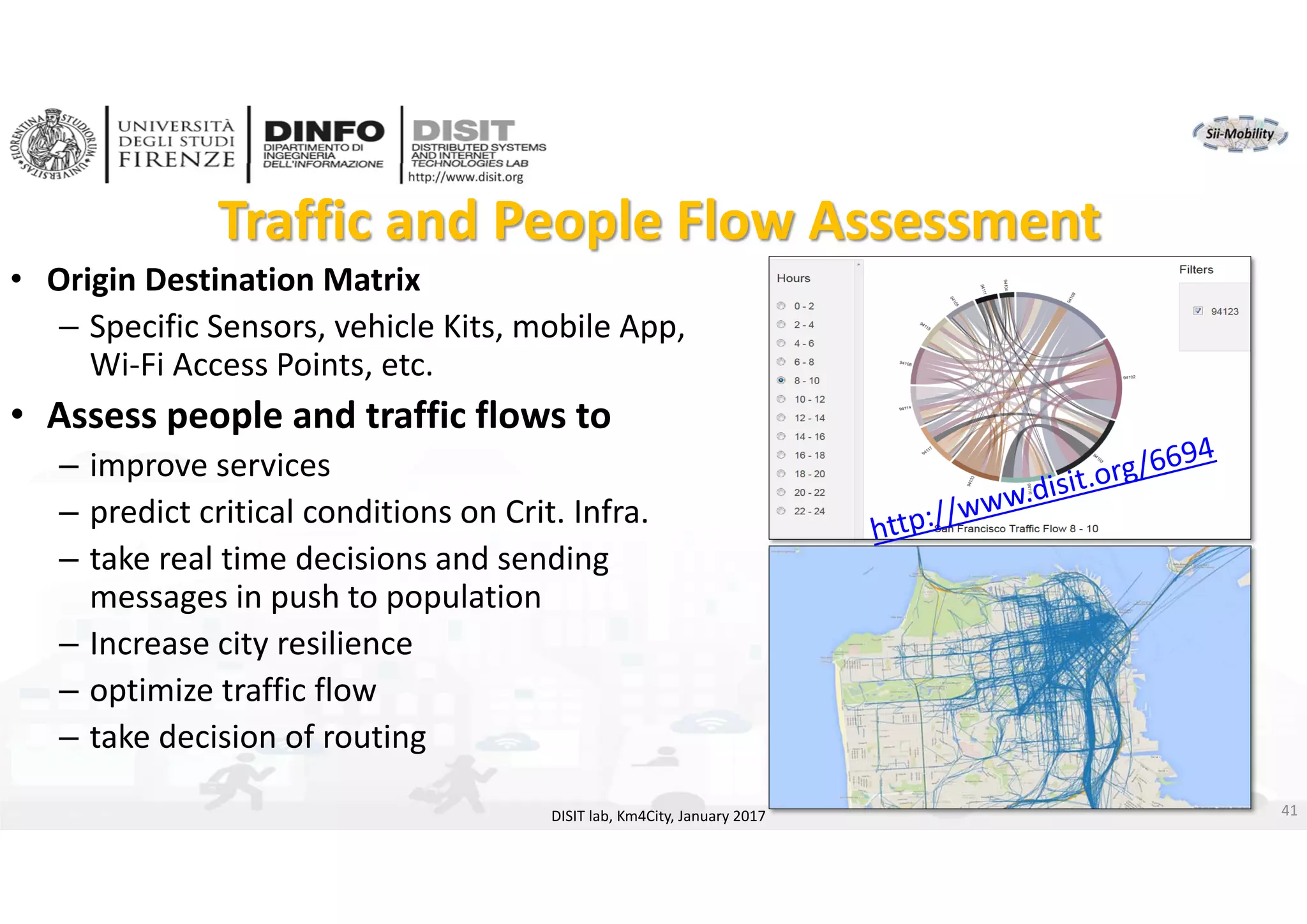 DISIT Lab, Distributed Data Intelligence and Technologies
Distributed Systems and Internet Technologies
Department of Information Engineering (DINFO)
http://www.disit.dinfo.unifi.it
http://www.disit.org
DISIT lab, Km4City, January 2017
Traffic and People Flow Assessment
• Origin Destination Matrix
– Specific Sensors, vehicle Kits, mobile App, 
Wi‐Fi Access Points, etc.  
• Assess people and traffic flows to
– improve services
– predict critical conditions on Crit. Infra.
– take real time decisions and sending 
messages in push to population
– Increase city resilience
– optimize traffic flow
– take decision of routing 
41
 
