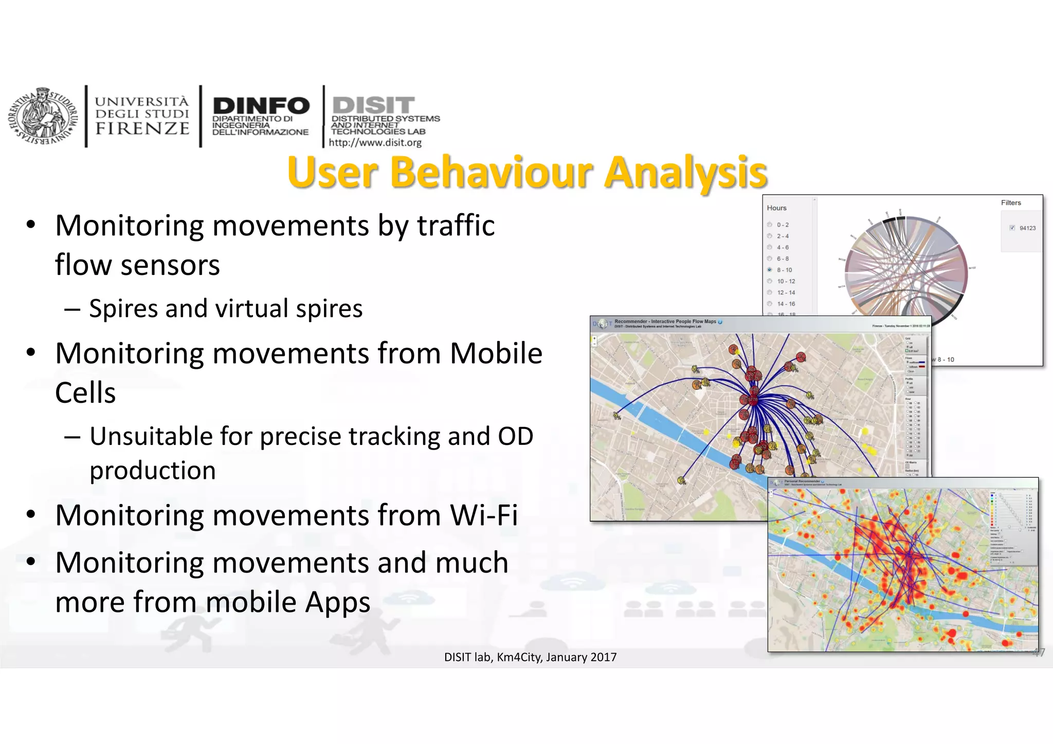 DISIT Lab, Distributed Data Intelligence and Technologies
Distributed Systems and Internet Technologies
Department of Information Engineering (DINFO)
http://www.disit.dinfo.unifi.it
http://www.disit.org
User Behaviour Analysis
DISIT lab, Km4City, January 2017
• Monitoring movements by traffic
flow sensors
– Spires and virtual spires
• Monitoring movements from Mobile 
Cells
– Unsuitable for precise tracking and OD 
production
• Monitoring movements from Wi‐Fi
• Monitoring movements and much
more from mobile Apps
47
 