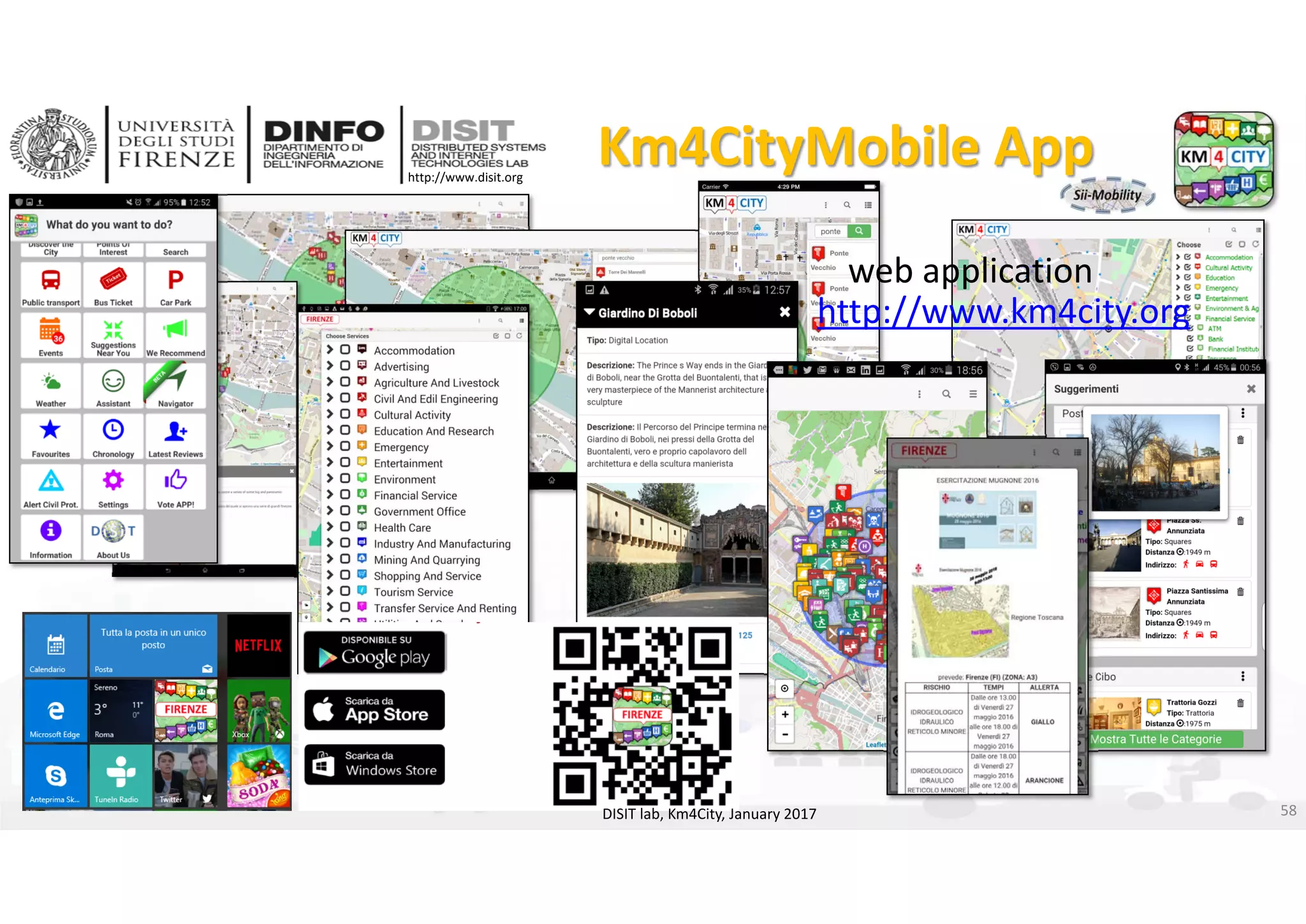 DISIT Lab, Distributed Data Intelligence and Technologies
Distributed Systems and Internet Technologies
Department of Information Engineering (DINFO)
http://www.disit.dinfo.unifi.it
http://www.disit.org
Km4CityMobile App
http://www.km4city.org
web application
58DISIT lab, Km4City, January 2017
 