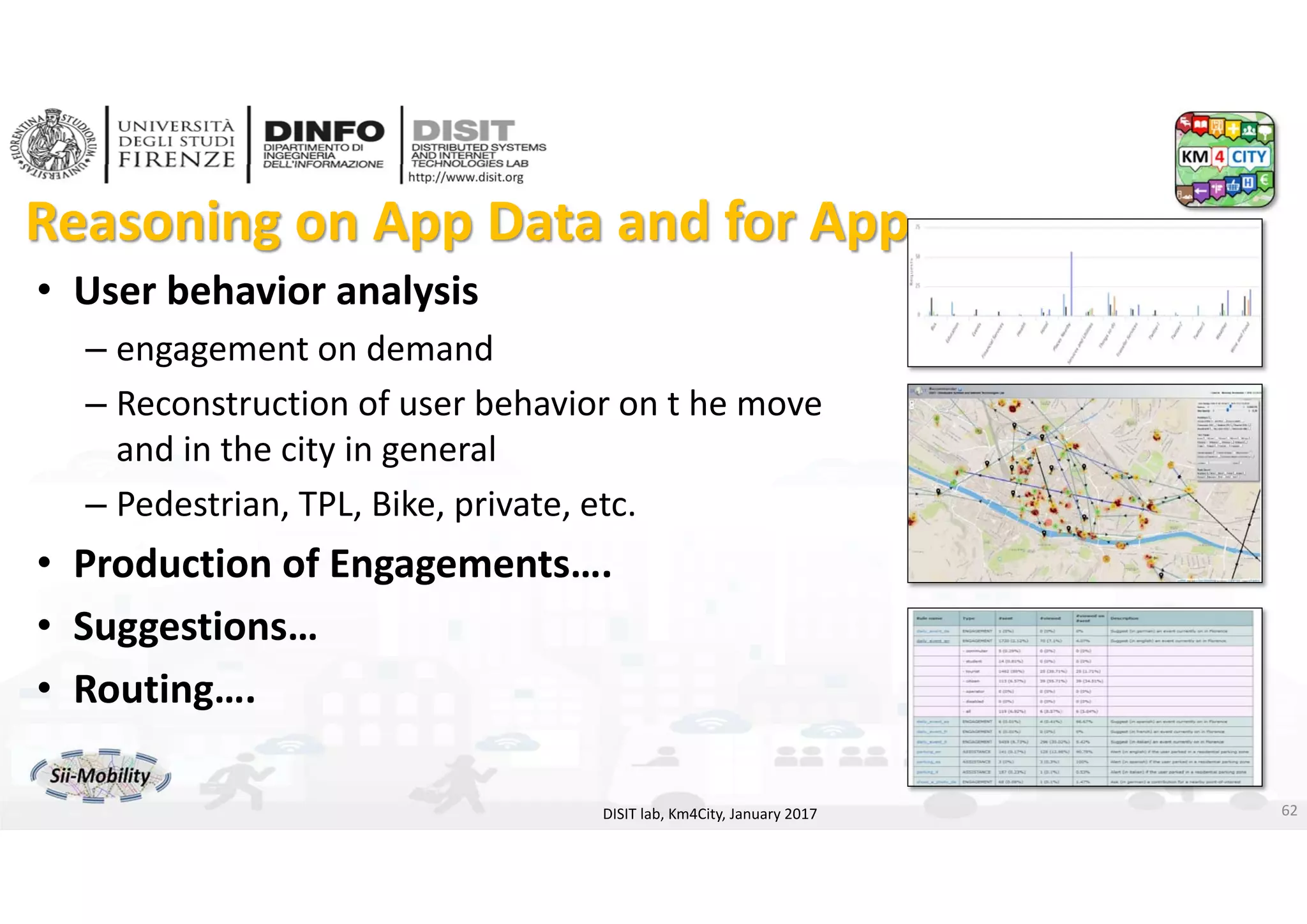DISIT Lab, Distributed Data Intelligence and Technologies
Distributed Systems and Internet Technologies
Department of Information Engineering (DINFO)
http://www.disit.dinfo.unifi.it
http://www.disit.org
Reasoning on App Data and for App 
• User behavior analysis
– engagement on demand
– Reconstruction of user behavior on t he move
and in the city in general
– Pedestrian, TPL, Bike, private, etc.
• Production of Engagements….
• Suggestions…
• Routing….
DISIT lab, Km4City, January 2017 62
 