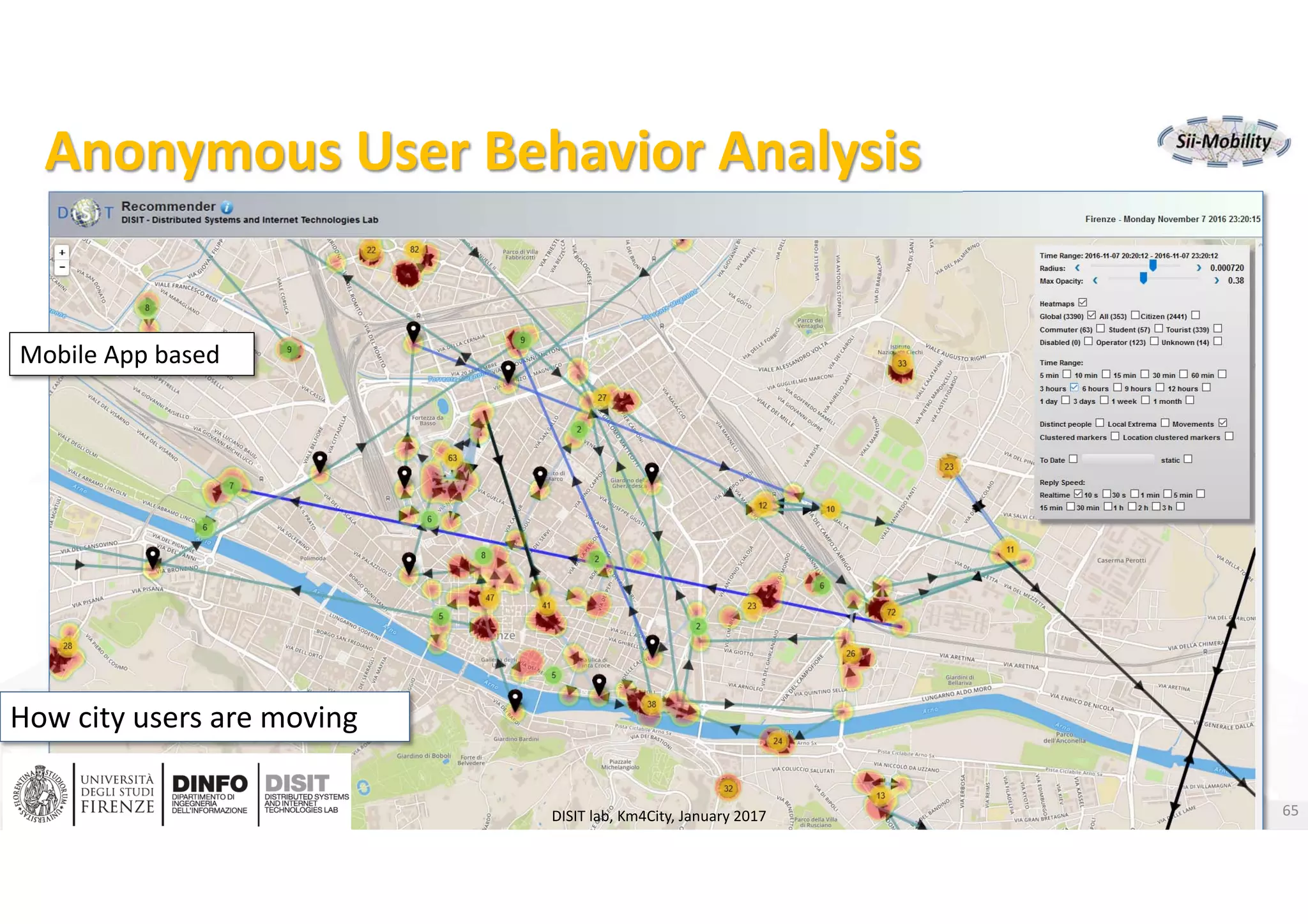 DISIT Lab, Distributed Data Intelligence and Technologies
Distributed Systems and Internet Technologies
Department of Information Engineering (DINFO)
http://www.disit.dinfo.unifi.it
http://www.disit.org
Anonymous User Behavior Analysis
How city users are moving 
Mobile App based
DISIT lab, Km4City, January 2017 65
 