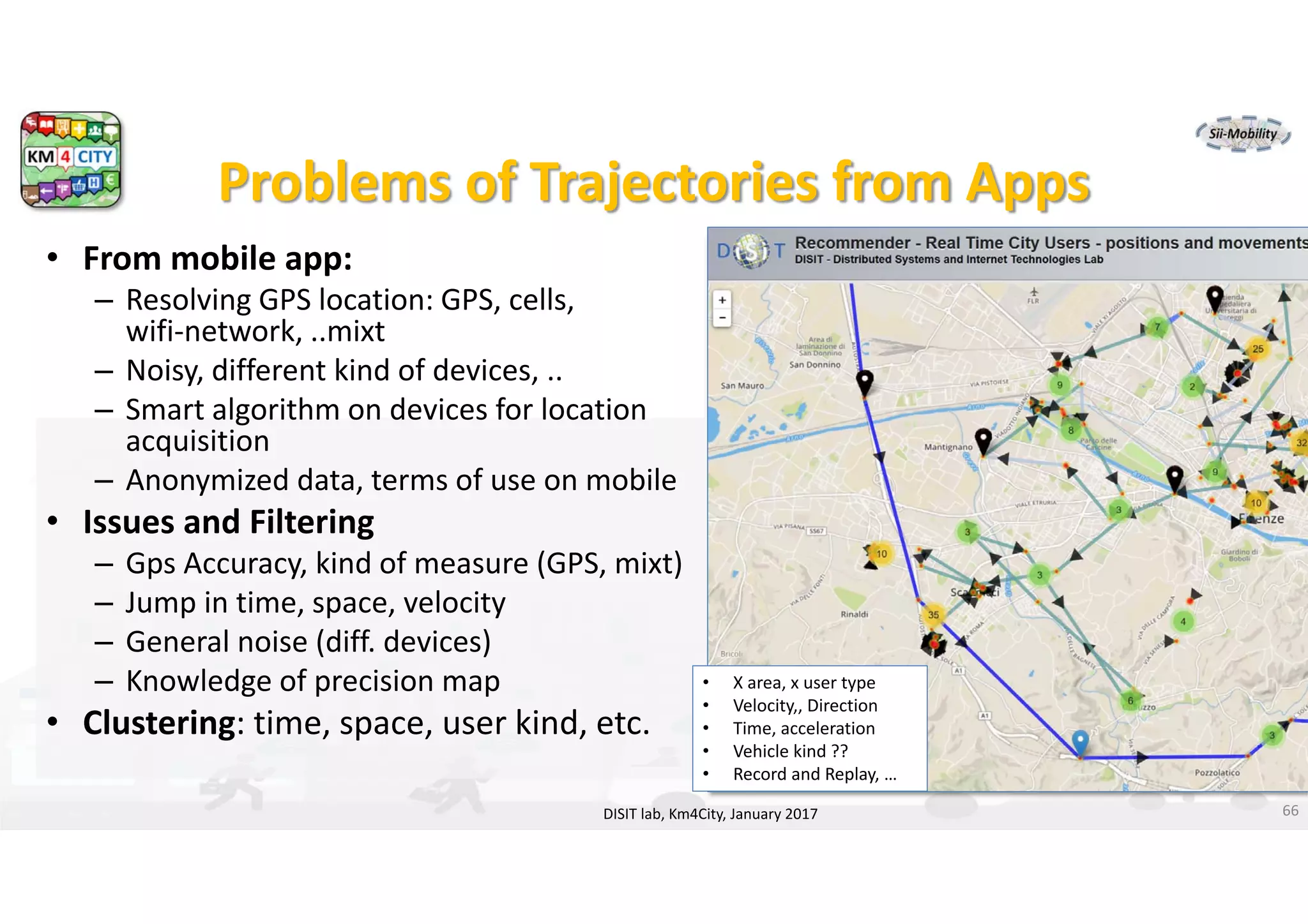 DISIT Lab, Distributed Data Intelligence and Technologies
Distributed Systems and Internet Technologies
Department of Information Engineering (DINFO)
http://www.disit.dinfo.unifi.it
http://www.disit.org
Problems of Trajectories from Apps
• From mobile app:
– Resolving GPS location: GPS, cells, 
wifi‐network, ..mixt
– Noisy, different kind of devices, ..
– Smart algorithm on devices for location 
acquisition
– Anonymized data, terms of use on mobile
• Issues and Filtering
– Gps Accuracy, kind of measure (GPS, mixt)
– Jump in time, space, velocity
– General noise (diff. devices)
– Knowledge of precision map
• Clustering: time, space, user kind, etc. 
DISIT lab, Km4City, January 2017
• X area, x user type
• Velocity,, Direction
• Time, acceleration
• Vehicle kind ??
• Record and Replay, …
66
 