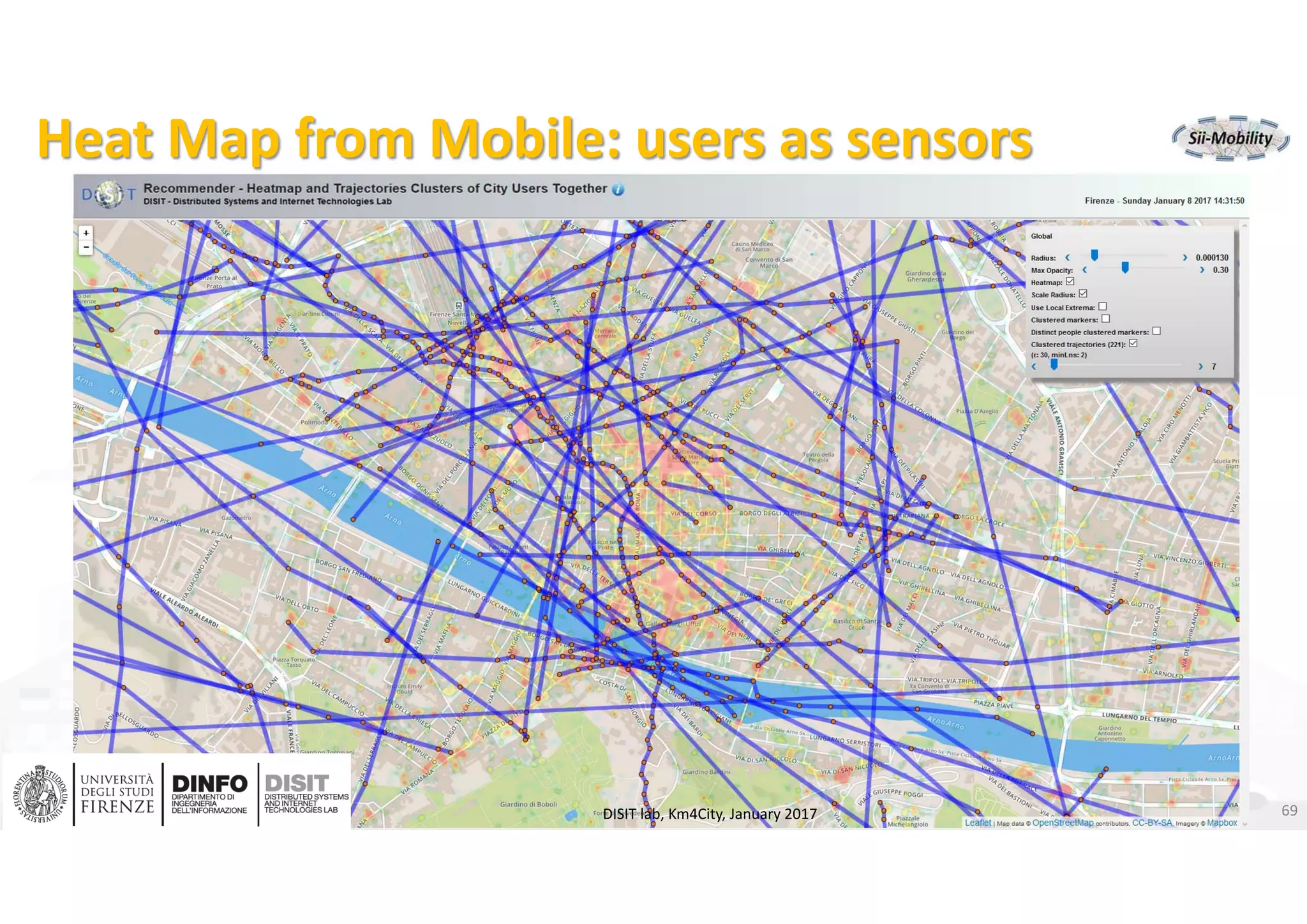 DISIT Lab, Distributed Data Intelligence and Technologies
Distributed Systems and Internet Technologies
Department of Information Engineering (DINFO)
http://www.disit.dinfo.unifi.it
http://www.disit.org
Heat Map from Mobile: users as sensors
DISIT lab, Km4City, January 2017 69
 