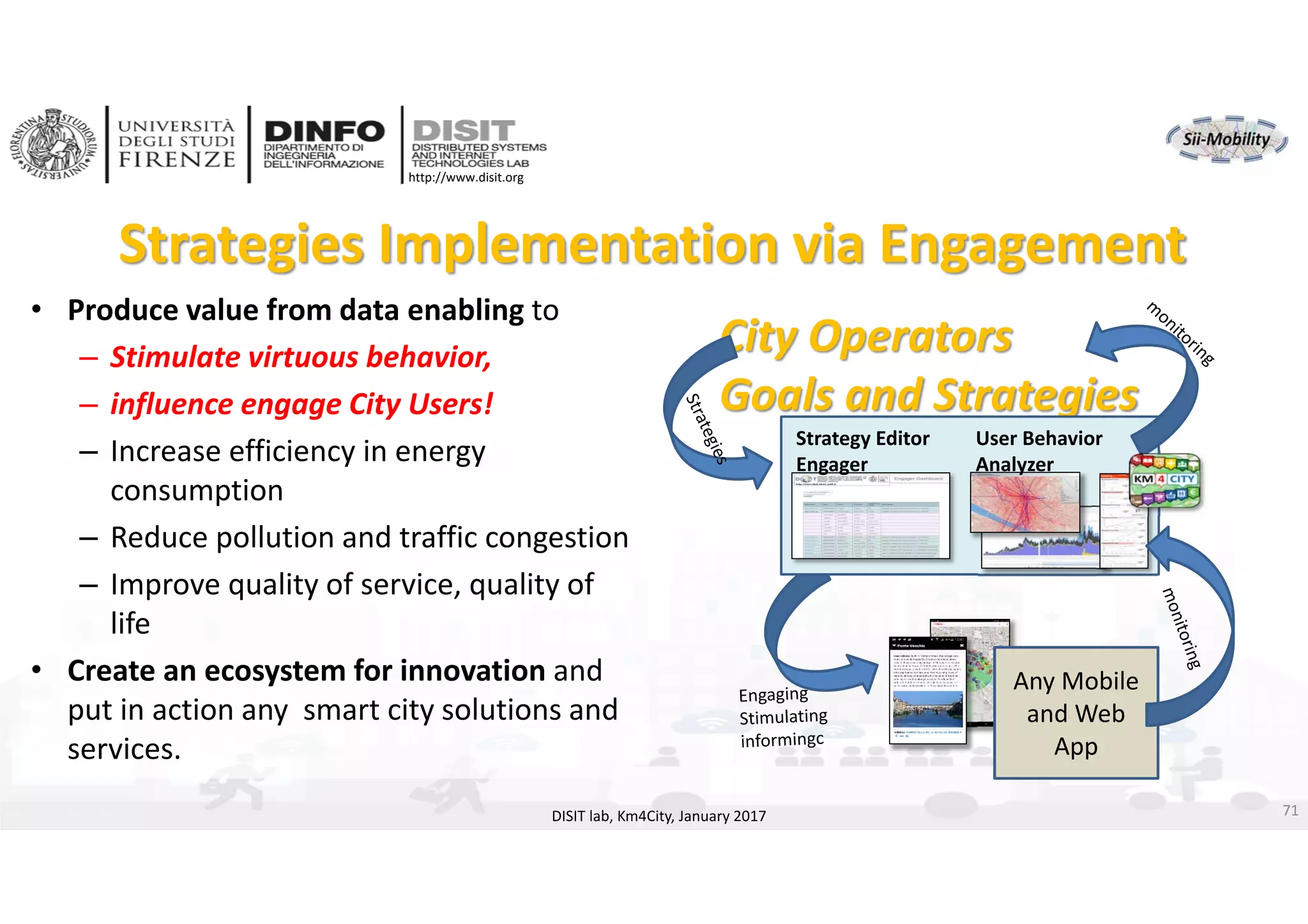 DISIT Lab, Distributed Data Intelligence and Technologies
Distributed Systems and Internet Technologies
Department of Information Engineering (DINFO)
http://www.disit.dinfo.unifi.it
http://www.disit.org
Strategies Implementation via Engagement
DISIT lab, Km4City, January 2017
• Produce value from data enabling to
– Stimulate virtuous behavior, 
– influence engage City Users!
– Increase efficiency in energy 
consumption
– Reduce pollution and traffic congestion
– Improve quality of service, quality of 
life
• Create an ecosystem for innovation and 
put in action any  smart city solutions and 
services.
City Operators
Goals and Strategies
Strategy Editor 
Engager 
User Behavior 
Analyzer
Any Mobile 
and Web 
App
71
 
