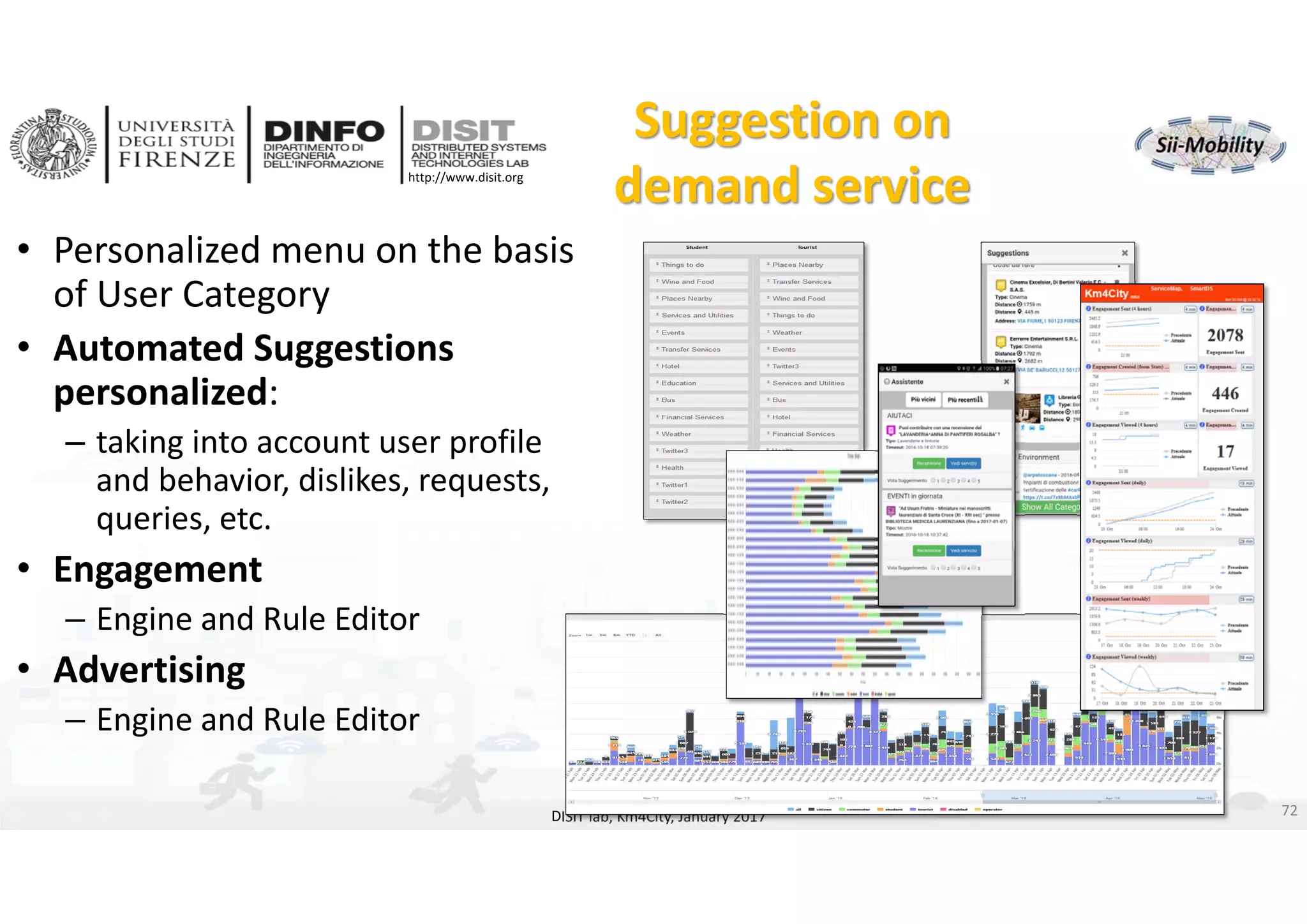 DISIT Lab, Distributed Data Intelligence and Technologies
Distributed Systems and Internet Technologies
Department of Information Engineering (DINFO)
http://www.disit.dinfo.unifi.it
http://www.disit.org
Suggestion on
demand service
DISIT lab, Km4City, January 2017
• Personalized menu on the basis 
of User Category
• Automated Suggestions 
personalized:
– taking into account user profile 
and behavior, dislikes, requests, 
queries, etc. 
• Engagement
– Engine and Rule Editor
• Advertising
– Engine and Rule Editor
72
 