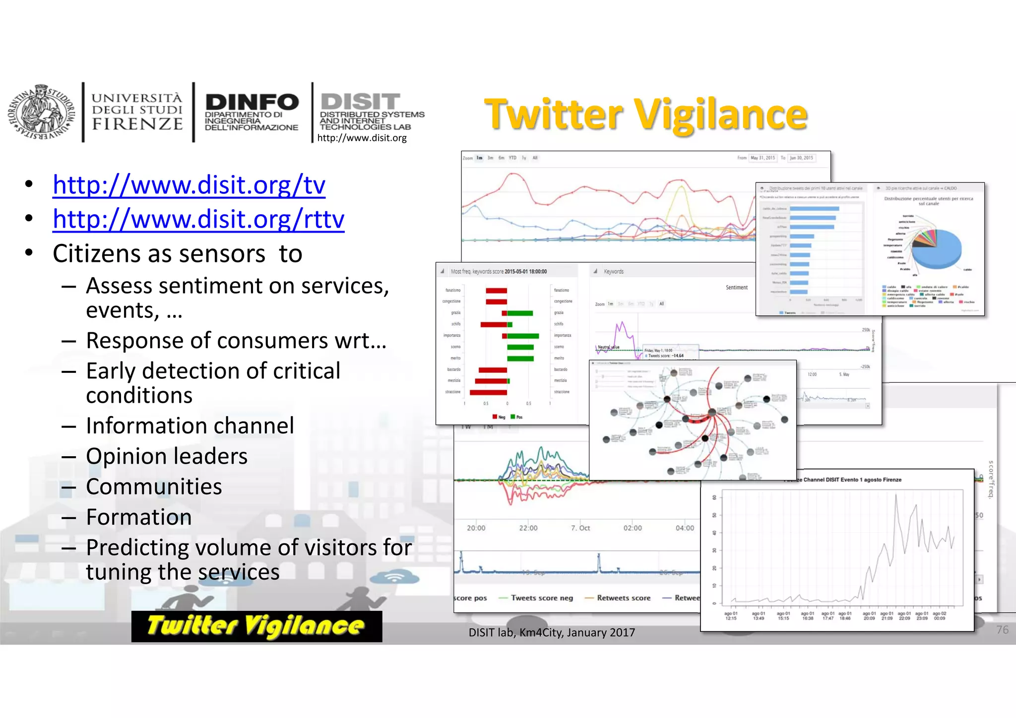 DISIT Lab, Distributed Data Intelligence and Technologies
Distributed Systems and Internet Technologies
Department of Information Engineering (DINFO)
http://www.disit.dinfo.unifi.it
http://www.disit.org
Twitter Vigilance
• http://www.disit.org/tv
• http://www.disit.org/rttv
• Citizens as sensors  to
– Assess sentiment on services, 
events, … 
– Response of consumers wrt… 
– Early detection of critical 
conditions 
– Information channel
– Opinion leaders 
– Communities 
– Formation
– Predicting volume of visitors for 
tuning the services 
DISIT lab, Km4City, January 2017 76
 