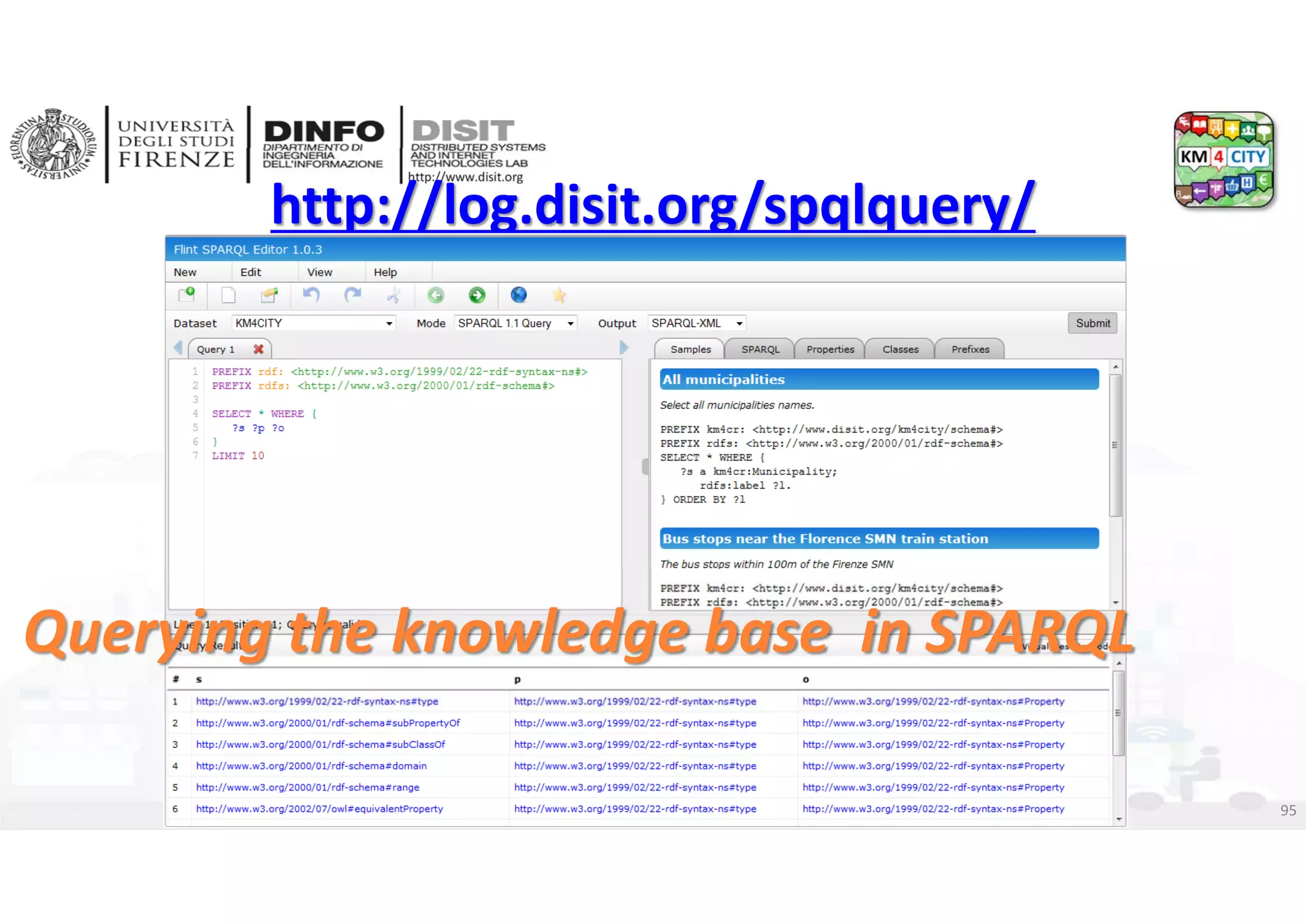 DISIT Lab, Distributed Data Intelligence and Technologies
Distributed Systems and Internet Technologies
Department of Information Engineering (DINFO)
http://www.disit.dinfo.unifi.it
http://www.disit.org
http://log.disit.org/spqlquery/
DISIT lab, Km4City, January 2017 95
Querying the knowledge base  in SPARQL
 