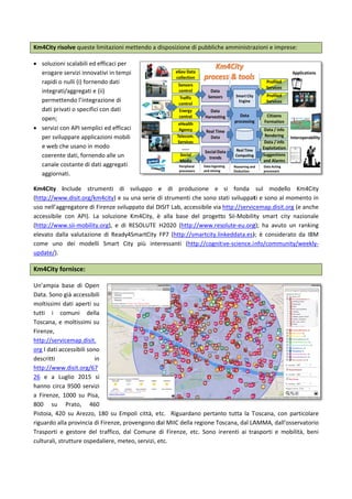  
Km4City ris
 soluzion
erogare 
rapidi: (i
km4city;
integrati
permett
dati priv
open;  
 servizi co
per svilu
e web ch
coerente
canale co
aggiorna
Km4City  i
(http://www
uso nell’agg
accessibile 
(http://www
elevato  dal
come  uno 
update/).  
Km4City fo
Un’ampia  b
Data. Sono 
moltissimi d
tutti  i  co
Toscana, e 
Firenze, 
http://servi
org I dati ac
descritti 
http://www
26  e  a  Lu
hanno circa
a  Firenze,  1
800  su 
Pistoia,  420
riguardo all
Trasporti  e 
culturali, st
salute, etc. 
solve queste 
i scalabili ed
servizi innov
) modello fle
; (ii) fornend
i/aggregati e
endo l’integ
vati o specific
on API semp
uppare applic
he usano in m
e dati, fornen
ostante di da
ati.   
nclude  stru
w.disit.org/k
gregatore di 
con  API).  L
w.sii‐mobilit
la  valutazion
dei  model
ornisce: 
base  di  Ope
già accessibi
dati aperti s
omuni  dell
moltissimi s
icemap.disit.
ccessibili son
i
w.disit.org/67
uglio  2015 
a 9500 servi
1000  su  Pisa
Prato,  46
0  su  Arezzo,
a provincia d
gestore  de
rutture ospe
 
limitazioni m
 efficaci per 
vativi in temp
essibile 
o dati 
e (iii) 
razione di 
ci con dati 
lici ed effica
cazioni mobi
modo 
ndo alle un 
ati aggregati
umenti  di 
km4city) e su
Firenze svilu
La  soluzione 
y.org),  e  di 
ne  di  Ready
lli  Smart  C
en 
ili 
su 
la 
su 
.
no 
in 
7
si 
zi 
a, 
60 
,  180  su  Em
di Firenze, pr
l  traffico,  da
edaliere, me
mettendo a d
pi 
ci 
li 
 
sviluppo  e
u una serie d
uppato dal D
Km4City,  è
RESOLUTE 
y4SmartCity 
ity  più  inte
mpoli  città,  e
rovengono d
al  Comune 
teo, servizi, 
disposizione 
e  di  prod
di strumenti 
DISIT Lab, acc
è  alla  base 
H2020  (http
FP7  (http://
eressanti  (h
etc.  Riguarda
dal MIIC della
di  Firenze,  e
emergenza,
di pubbliche
uzione  e 
che sono st
cessibile via 
del  progett
p://www.res
/smartcity.lin
ttp://cogniti
ano  pertant
a regione To
etc.  Sono  in
 shop, turism
e amministra
si  fonda 
ati sviluppat
http://servic
o  Sii‐Mobilit
olute‐eu.org
nkeddata.es)
ive‐science.i
o  tutta  la  T
scana, dal LA
nerenti  ai  tra
mo, vino e ri
azioni e impr
sul  model
ti e sono al 
cemap.disit.o
ty  smart  cit
g);  ha  avuto
);  è  consider
nfo/commu
Toscana,  con
AMMA, dall’
asporti  e  m
istorazione, 
2
rese:  
lo  Km4City
momento in
org (e anche
ty  nazionale
  un  ranking
rato  da  IBM
nity/weekly‐
n  particolare
osservatorio
obilità,  beni
educazione,
2 
y 
n 
e 
e 
g 
M 
‐
e 
o 
i 
, 
 