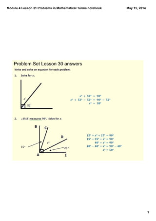 Module 4 Lesson 31 Problems in Mathematical Terms.notebook
1
May 15, 2014
Problem Set Lesson 30 answers
 