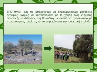 ΕΡΩΤΗΜΑ: Πώς θα μπορούσαμε να δημιουργήσουμε μοναδικές
εμπειρίες, μνήμες και συναισθήματα με τη χρήση ενός κτήματος
βιολογικής καλλιέργειας στη Χαλκιδική, με σκοπό να προσελκύσουμε
περισσότερους τουρίστες και να επιμηκύνουμε την τουριστική περίοδο;
 