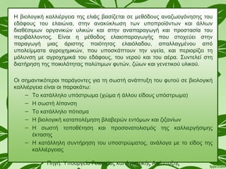 Η βιολογική καλλιέργεια της ελιάς βασίζεται σε µεθόδους αναζωογόνησης του
εδάφους του ελαιώνα, στην ανακύκλωση των υποπροϊόντων και άλλων
διαθέσιµων οργανικών υλικών και στην αναπαραγωγή και προστασία του
περιβάλλοντος. Είναι η µέθοδος ελαιοπαραγωγής που στοχεύει στην
παραγωγή µιας άριστης ποιότητας ελαιόλαδου, απαλλαγµένου από
υπολείµµατα αγροχηµικών, που υποσκάπτουν την υγεία, και περιορίζει τη
µόλυνση µε αγροχηµικά του εδάφους, του νερού και του αέρα. Συντελεί στη
διατήρηση της ποικιλότητας πολύτιµων φυτών, ζώων και γενετικού υλικού.
Οι σημαντικότεροι παράγοντες για τη σωστή ανάπτυξη του φυτού σε βιολογική
καλλιέργεια είναι οι παρακάτω:
– Το κατάλληλο υπόστρωμα (χώμα ή άλλου είδους υπόστρωμα)
– Η σωστή λίπανση
– Το κατάλληλο πότισμα
– Η βιολογική καταπολέμηση βλαβερών εντόμων και ζιζανίων
– Η σωστή τοποθέτηση και προσανατολισμός της καλλιεργήσιμης
έκτασης
– Η κατάλληλη συντήρηση του υποστρώματος, ανάλογα με το είδος της
καλλιέργειας
Πηγή: Υπουργείο Γεωργίας και Αγροτικής Ανάπτυξης
 