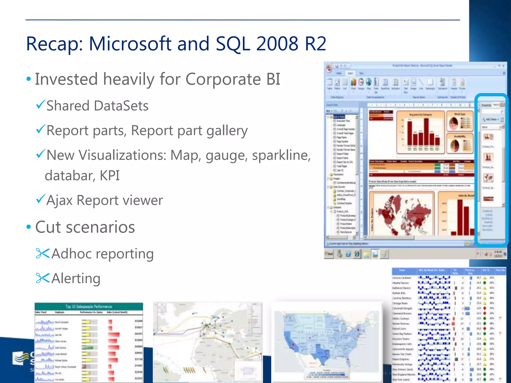Recap: Microsoft and SQL 2008 R2
• Invested heavily for Corporate BI
 Shared DataSets
 Report parts, Report part gallery
 New Visualizations: Map, gauge, sparkline,
  databar, KPI
 Ajax Report viewer
• Cut scenarios
 Adhoc reporting
 Alerting




                                                                                                  11

                                               ©2011 Quest Software, Inc. All rights reserved..
 