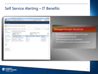 Self Service Alerting – IT Benefits




                               Managed through SharePoint

                               •   Per site administration reduces IT burden
                               •   Fine grained authorization
                               •   Self-managed through SharePoint
                               •   IT Visibility & Control of user-defined alerts




                                                                                                   19

                                                ©2011 Quest Software, Inc. All rights reserved..
 