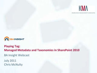 Playing Tag:
Managed Metadata and Taxonomies in SharePoint 2010
BA Insight Webcast
July 2011
Chris McNulty
 