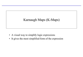 Karnaugh Maps (K-Maps)
• A visual way to simplify logic expressions
• It gives the most simplified form of the expression
 
