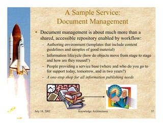 July 18, 2002 Knowledge Architectures 37
A Sample Service:
Document Management
 Document management is about much more than a
shared, accessible repository enabled by workflow:
– Authoring environment (templates that include content
guidelines and samples of good material)
– Information lifecycle (how do objects move from stage to stage
and how are they reused?)
– People providing a service base (where and who do you go to
for support today, tomorrow, and in two years?)
– A one-stop shop for all information publishing needs
 
