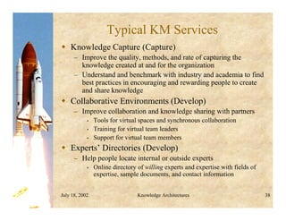 July 18, 2002 Knowledge Architectures 38
Typical KM Services
 Knowledge Capture (Capture)
– Improve the quality, methods, and rate of capturing the
knowledge created at and for the organization
– Understand and benchmark with industry and academia to find
best practices in encouraging and rewarding people to create
and share knowledge
 Collaborative Environments (Develop)
– Improve collaboration and knowledge sharing with partners
• Tools for virtual spaces and synchronous collaboration
• Training for virtual team leaders
• Support for virtual team members
 Experts’ Directories (Develop)
– Help people locate internal or outside experts
• Online directory of willing experts and expertise with fields of
expertise, sample documents, and contact information
 