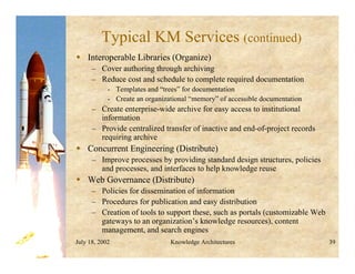July 18, 2002 Knowledge Architectures 39
Typical KM Services (continued)
 Interoperable Libraries (Organize)
– Cover authoring through archiving
– Reduce cost and schedule to complete required documentation
• Templates and “trees” for documentation
• Create an organizational “memory” of accessible documentation
– Create enterprise-wide archive for easy access to institutional
information
– Provide centralized transfer of inactive and end-of-project records
requiring archive
 Concurrent Engineering (Distribute)
– Improve processes by providing standard design structures, policies
and processes, and interfaces to help knowledge reuse
 Web Governance (Distribute)
– Policies for dissemination of information
– Procedures for publication and easy distribution
– Creation of tools to support these, such as portals (customizable Web
gateways to an organization’s knowledge resources), content
management, and search engines
 