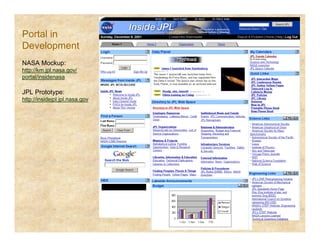 Portal in
Development
NASA Mockup:
http://km.jpl.nasa.gov/
portal/insidenasa
JPL Prototype:
http://insidejpl.jpl.nasa.gov
 