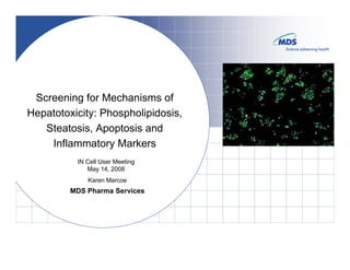 Screening for Mechanisms of
Hepatotoxicity: Phospholipidosis,
   Steatosis, Apoptosis and
    Inflammatory Markers
          IN Cell User Meeting
             May 14, 2008
             Karen Marcoe
         MDS Pharma Services
 