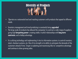 Diversity of Products
• Operate on a nationwide level and reaching customers with products that appeal to different
needs.
• Inventory management and trend predicting is constantly being upgraded
• The large scale of products has allowed the companies’ to contract a wide range of suppliers,
giving high bargaining power, creating stable, trustful relationships with long term
contracts, and a holdup advantage.
• It is utilizing technology and implementing it into its information systems, to control inventory
stock, checkout systems, etc. One of its strength is its ability to anticipate the demands of the
customers ahead of time. Target is exploiting and maximizing fully its’ competitive advantage
and continue to show growing sales.
 